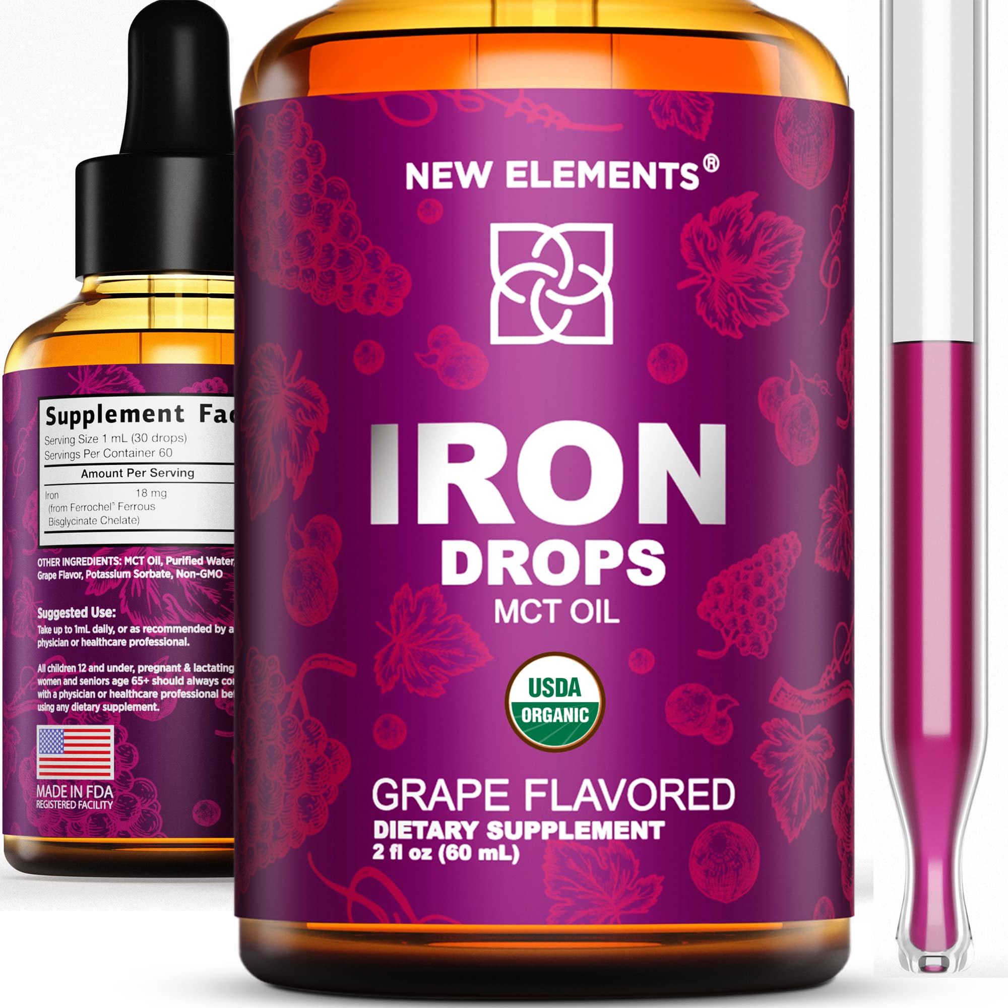 Iron Supplement for Women & Men Free Blood Builder, Iron Vitamin for Anemia USDA Organic Liquid Iron Drops for Adults with...
