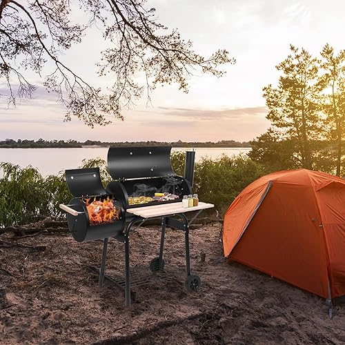 Miniatura 6 de TOPKEY Parrilla de carbón, parrillas de carbón grandes para barbacoa con quemador lateral, parrilla de barril al aire libre, perfecta para