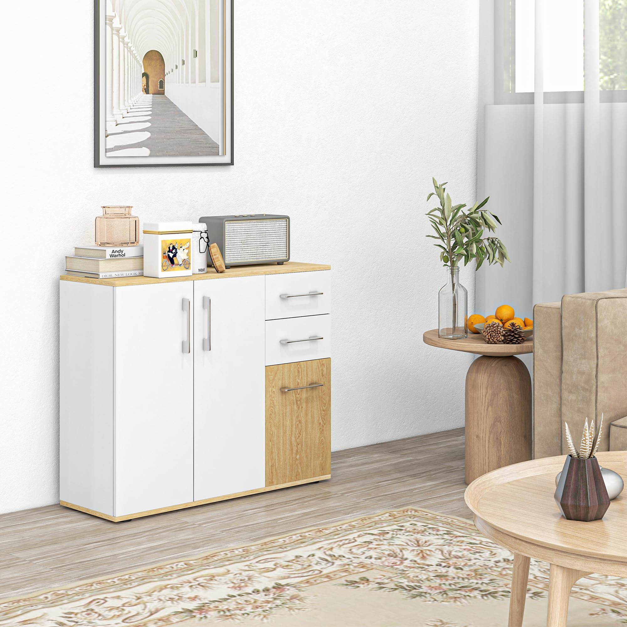 HOMCOM Aparador de Salón Moderno Aparador de Cocina con 2 Cajones 2 Armarios y Estantes Ajustables para Dormitorio Comedor Recibidor 90x30x75,5 cm Blanco y Natural