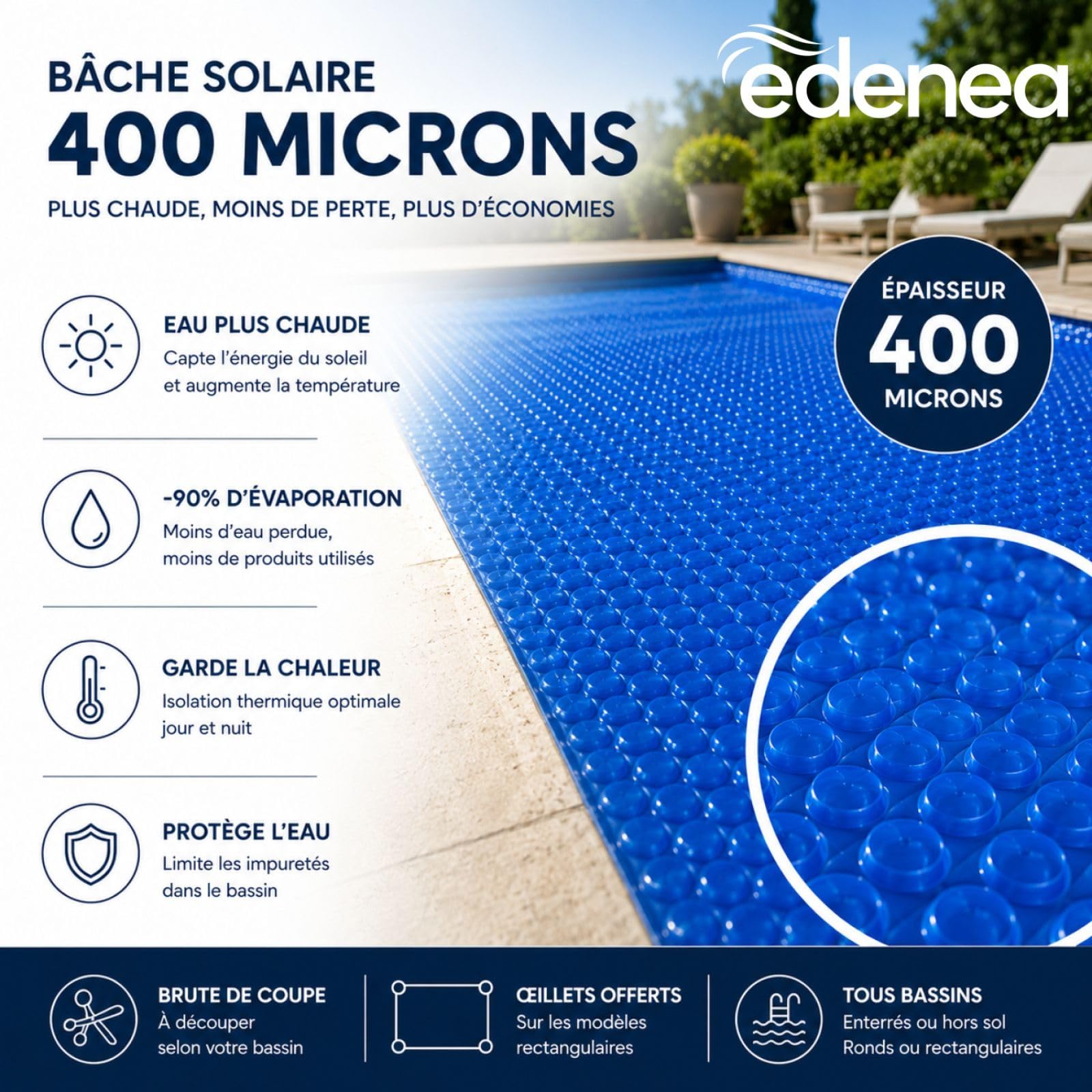 Bâche à Bulles Solaire Piscine 10 x 5 m - Epaisseur Pro 400 Microns - Bleu - Recoupable - Oeillets Offerts
