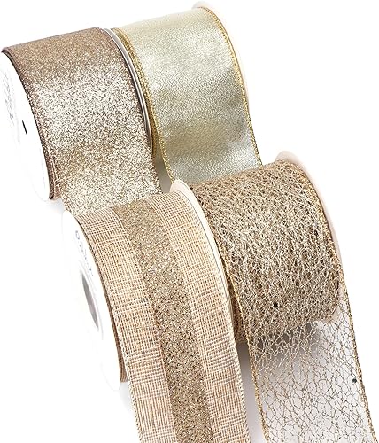 Ribbli Cinta dorada champán con alambre, malla metálica de arpillera con purpurina, cinta de organza transparente, cinta de Navidad para