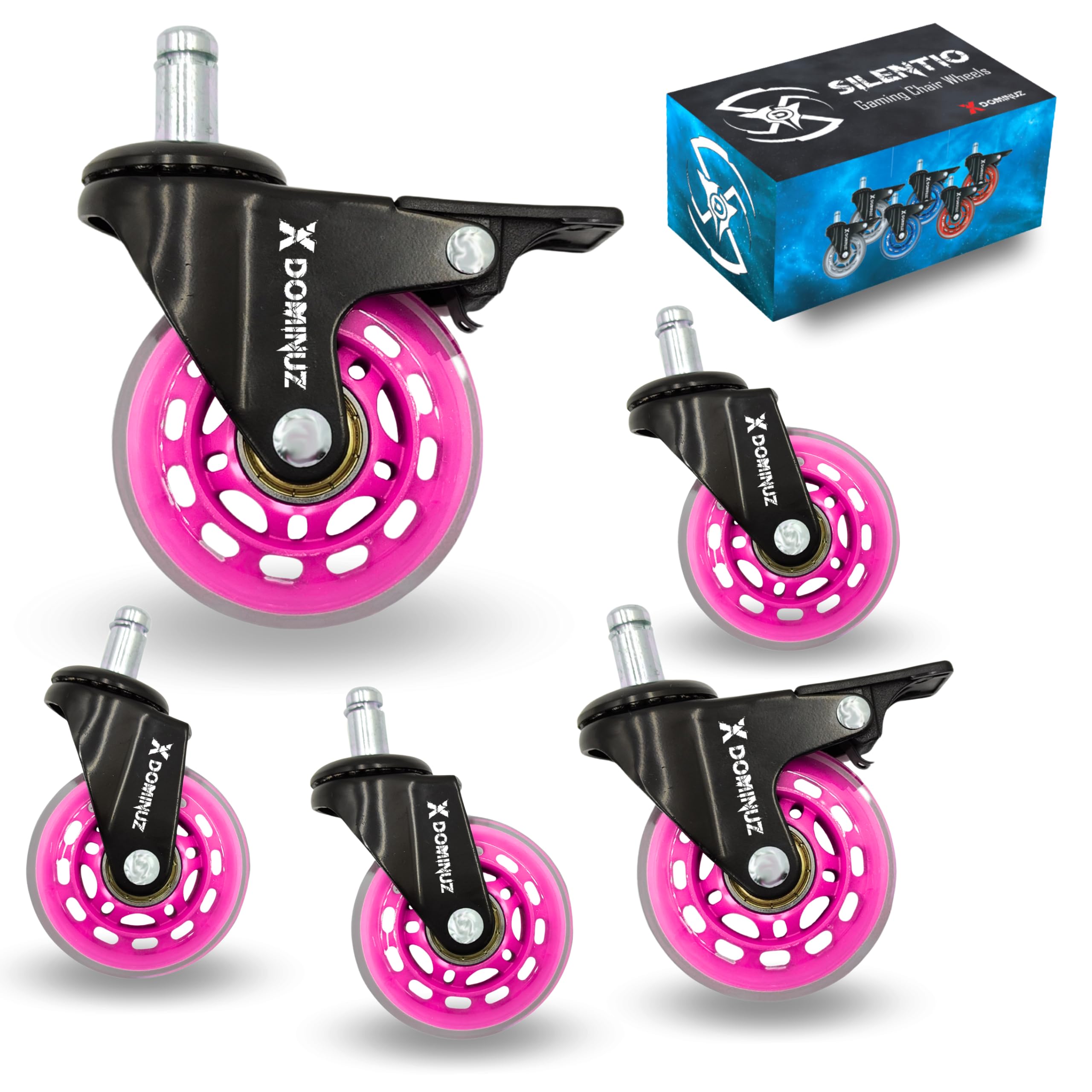 XDominuz Silentio - Ruedas para Silla de Oficina de Goma - Ruedas Silla Gaming Ultra-Silenciosas con Freno, Set de 5, Perno 11mm, 360° Rotativas, Apto para Parquet y Alfombras - Rosa