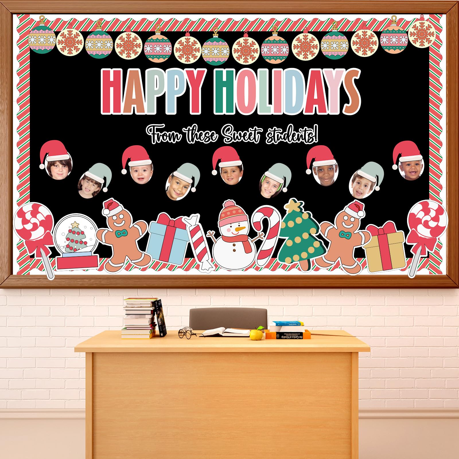 Justforjoyful Christmas Bulletin Board Decoration Xmas Snowman Cutouts DIY Photo Crafts Christmas Ball Gingerbread Bulletin Board Set for Holiday