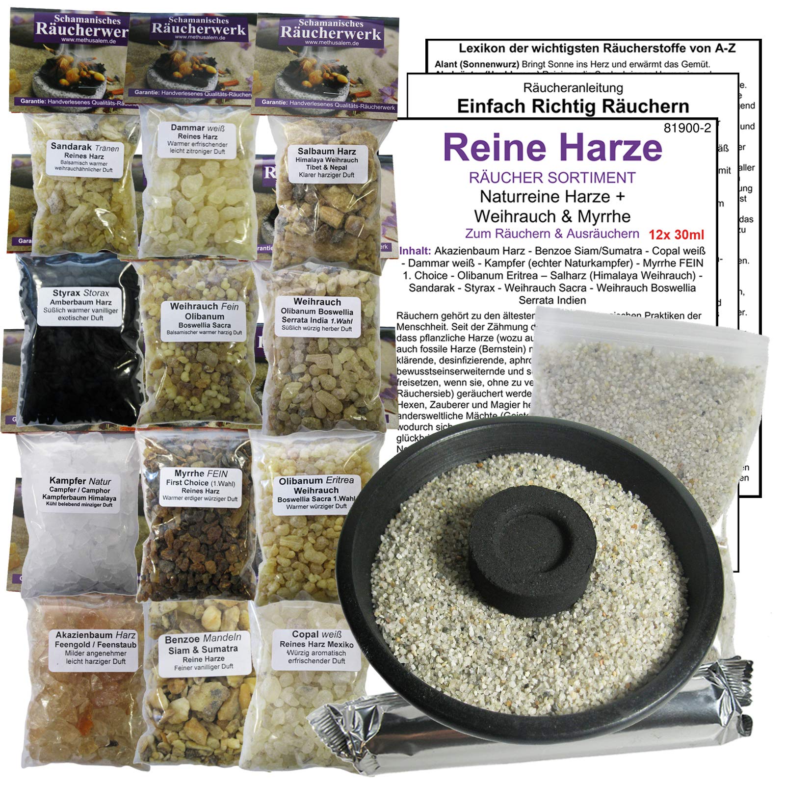 12 x Reine HARZE zum räuchern a 30ml (360ml) 17-TLG RÄUCHERSORTIMENT mit WEIHRAUCH + Olibanum + MYRRHE + DAMMARHARZ + Styrax UVM + 10cm Räucherschale + Räucherkohle + ZUBEHÖR. 81900-2S10