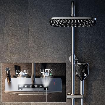 Thermostatic Shower System, 4 Piano Keys Shower Mixer Set, 30x20cm Square Shower Set with Bath Tap, LED Digital Display, Hydroelectric Power, Booster Spray GunGun Gray