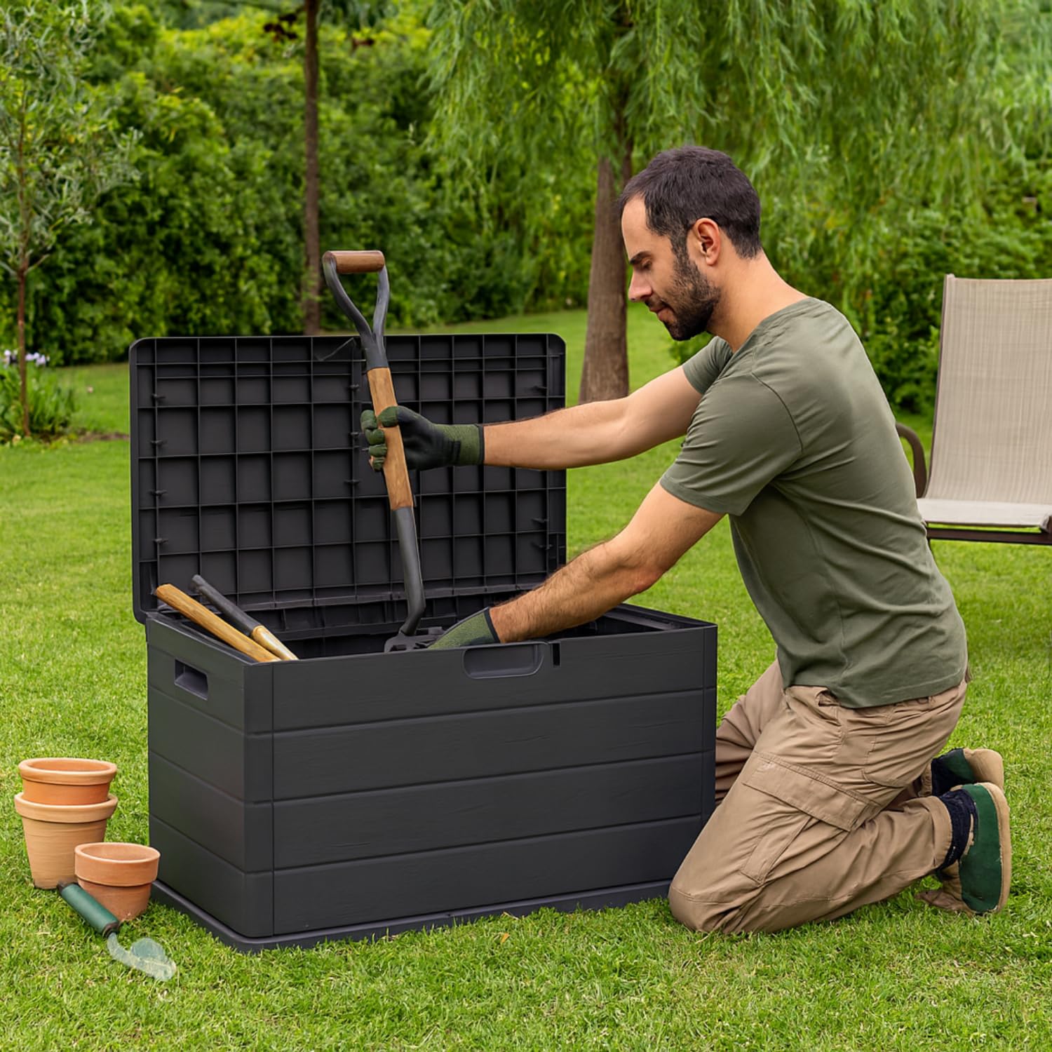 PALUPLUS Baule da Giardino, misura 78x55x52 cm, Cassapanca Effetto Legno Antracite, Impermeabile, Chiusura Lucchettabile, Contenitore da Esterno, Capacità 170 Litri -BET06F