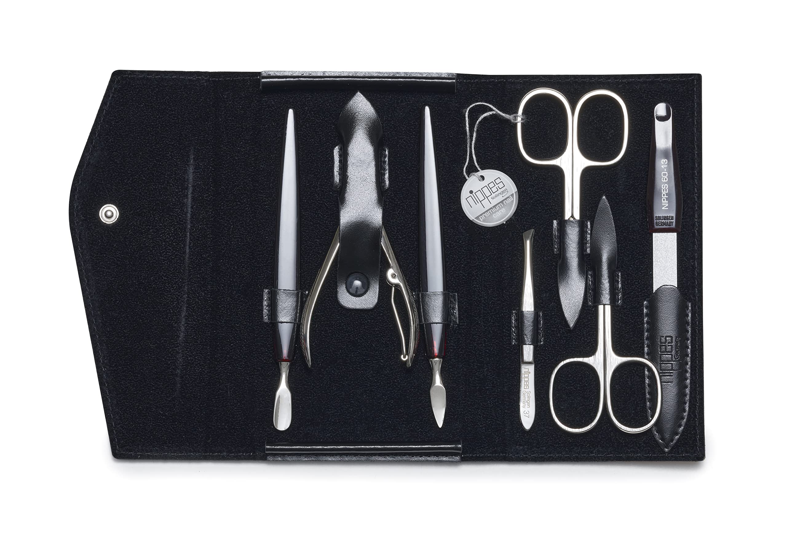 nippes Solingen Premium Line Maniküre Set Seam, 7-teilig, vernickelter Stahl, Schwarzes Rindsleder-Nageletui mit Kontraststreifen, Nagelpflege Set, Made in Solingen/Germany | Druckknopf-Verschluss, Komplett-Set 150×90×25 mm, deutsches Qualitätshandwerk, v