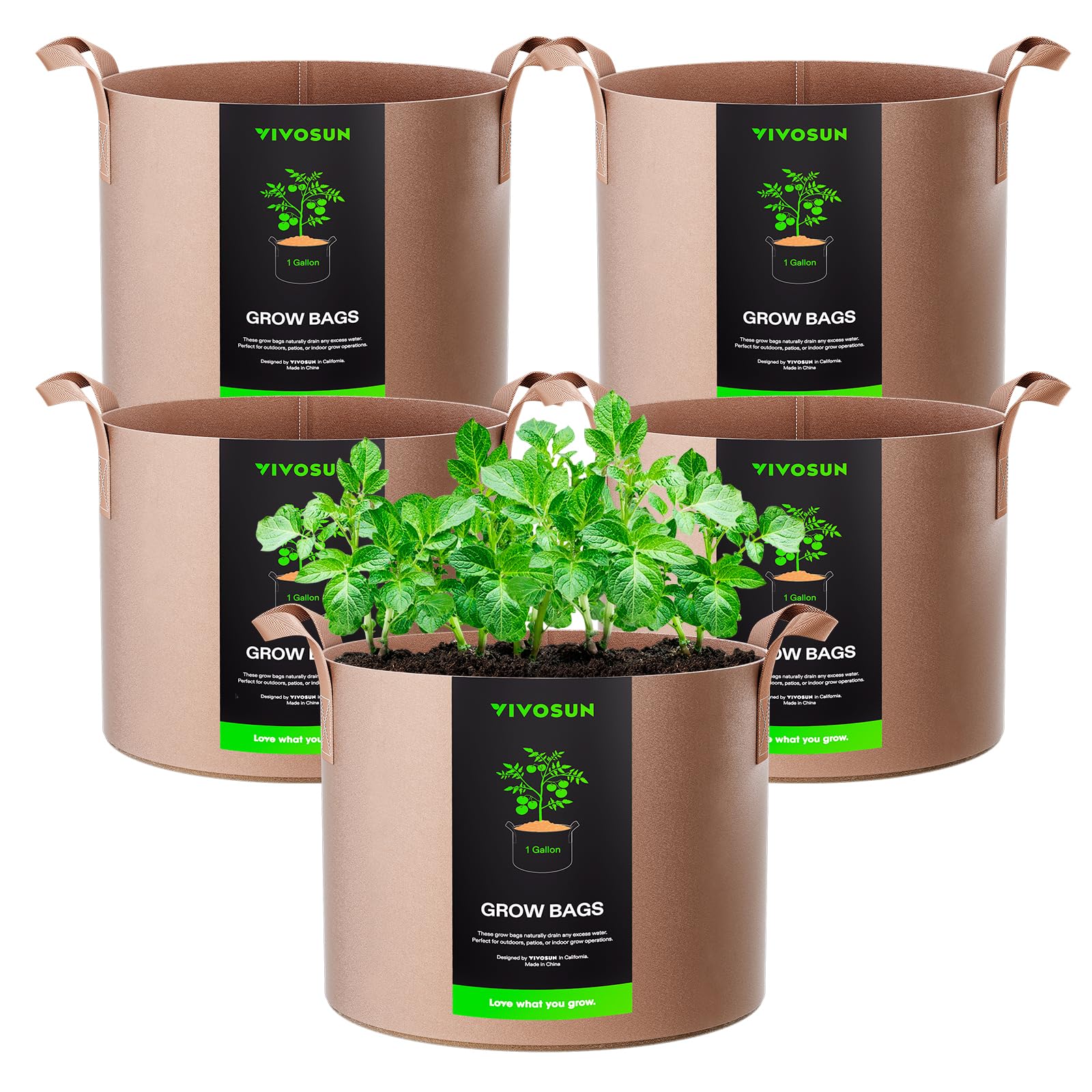 VIVOSUN 5-Pack 1 Gallons Grow Bags Heavy Duty Thickened Nonwoven Fabric Pots with Strap Handles Tan