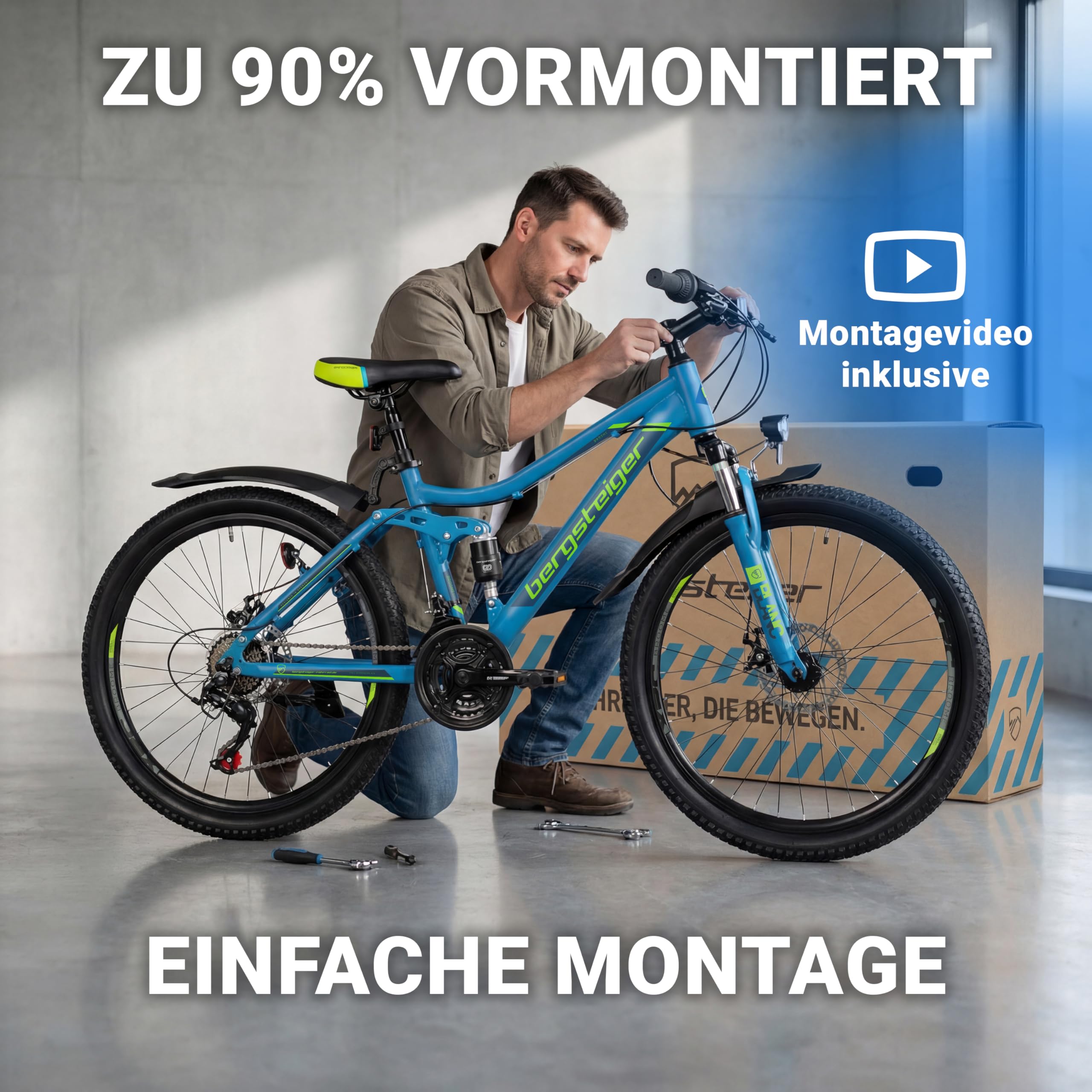 Bergsteiger Broome 24, 26 Zoll Kinderfahrrad, 21 Gang-Schaltung, StVZO, Mountainbike mit Vollfederung, Scheibenbremsen & Dynamo-Licht, geeignet für 8, 9, 10, 11, 12, 13 Jahre, Jungen & Mädchen