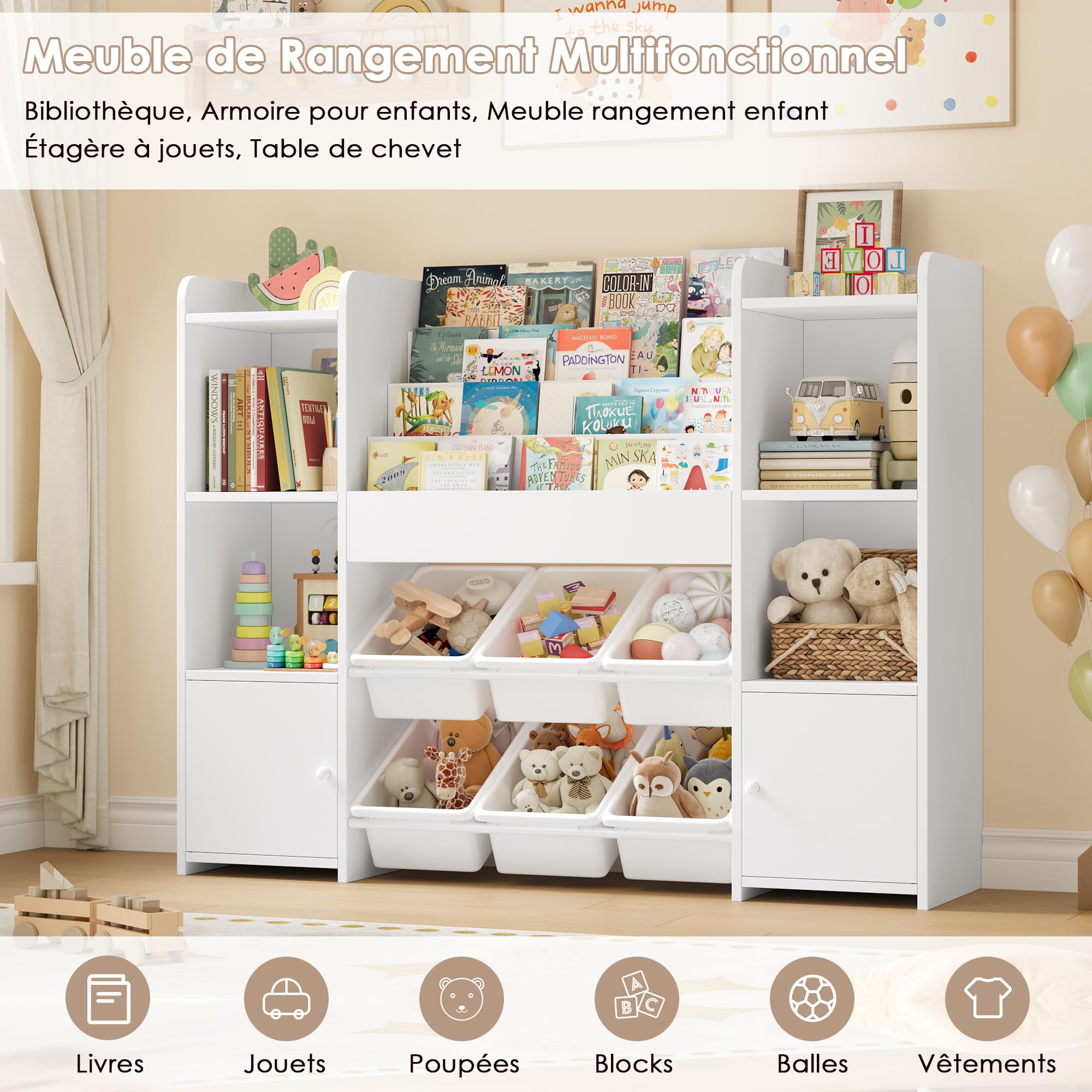 FOREHILL Meuble Rangement Enfant Bibliothèque Enfant avec 6 Boîtes Amovibles 12 Étagères Rangement Jouet Enfant pour Chambre d’Enfant Salle de Jeu Blanc