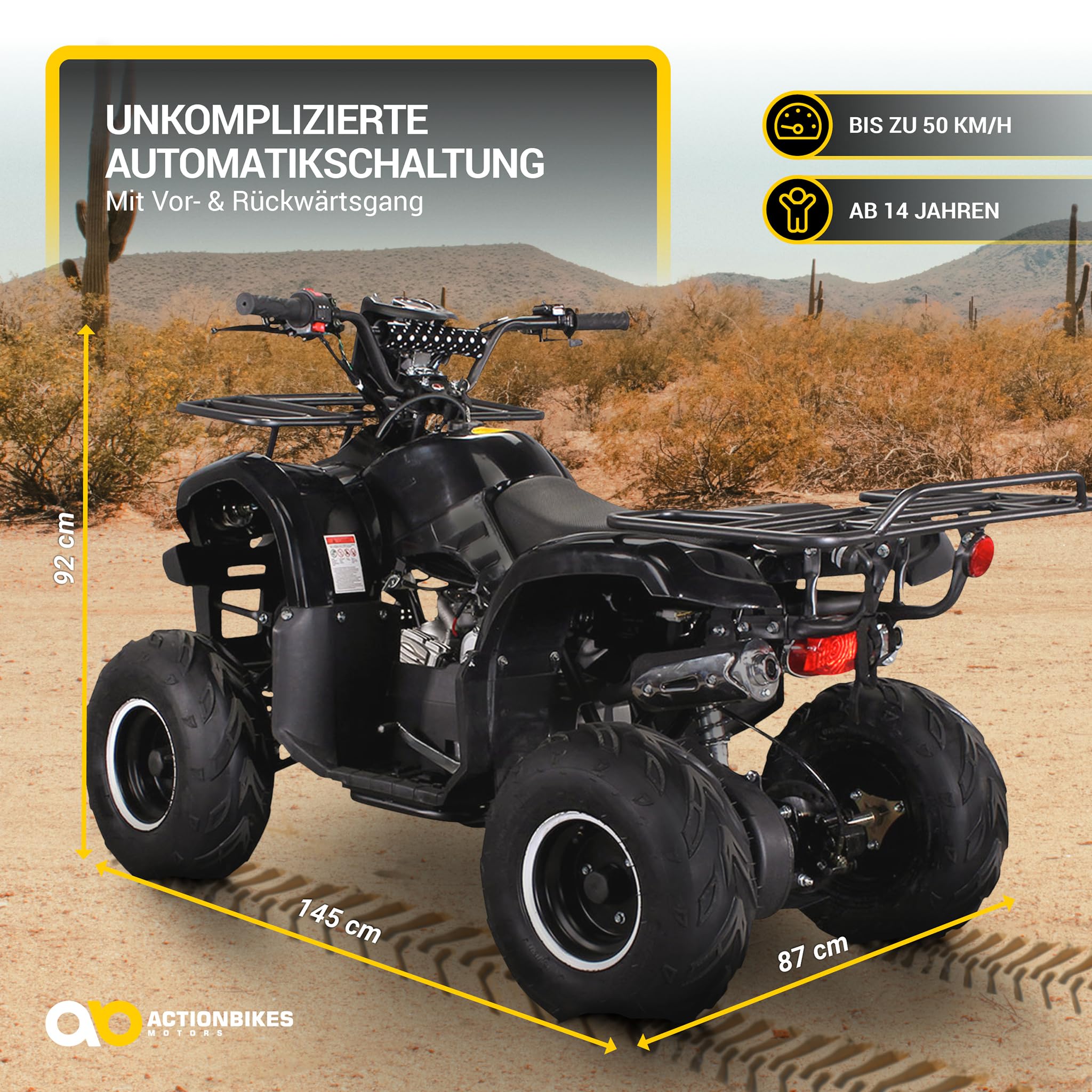 Actionbikes Motors Quad ATV S-8 Farmer 125 cc | 4-Takt 125ccm Motor bis 𝟓𝟎 km/h - Pocket Quad - Miniquad - Benzinquad - Benzin Quads - Fahrzeug für Jugendliche (Schwarz)