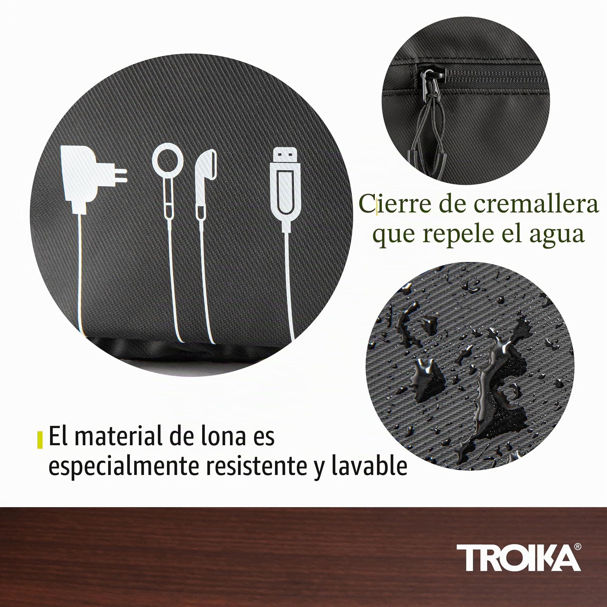 TROIKA Black Tech Pouch 2 - BBL64/BK - Bolsa organizadora de Cables para Accesorios electrónicos – 3 Compartimentos con Cremalleras hidrófugas, Tarpaulin (Iona) – Negro