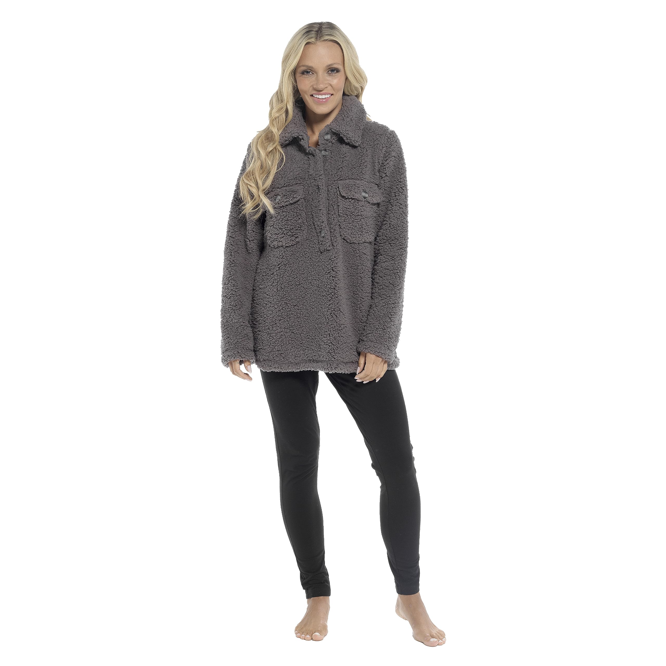 Daisy Dreamer Womens Pyjama Set Sherpa Top and Leggings Warm Winter Pjs Casual Loungewear Cosy 2 Piece Sets, Charcoal Small