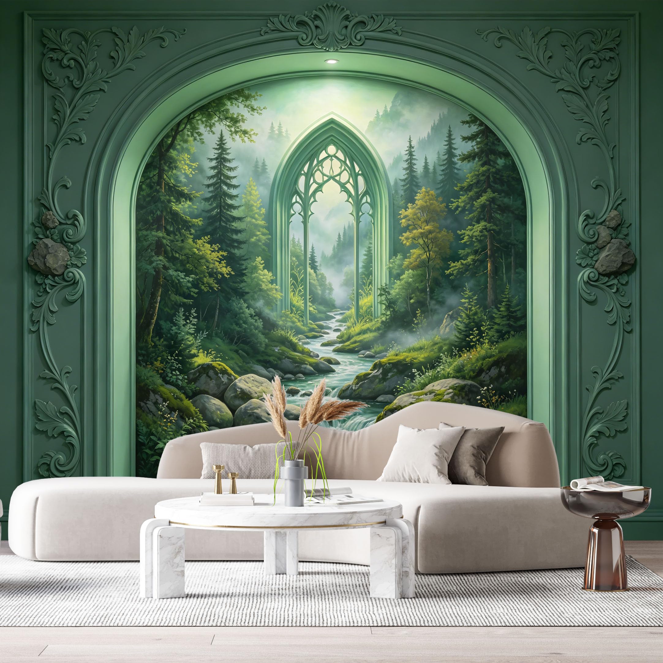 Custom Size Wall Murals Gothic Arch Forest Stream Sage Green 3D Trompe L'Oeil SelfAdhesiveWall Fabric Removable Wallpaper Wall Decor for Living Room Bedroom Bathroom