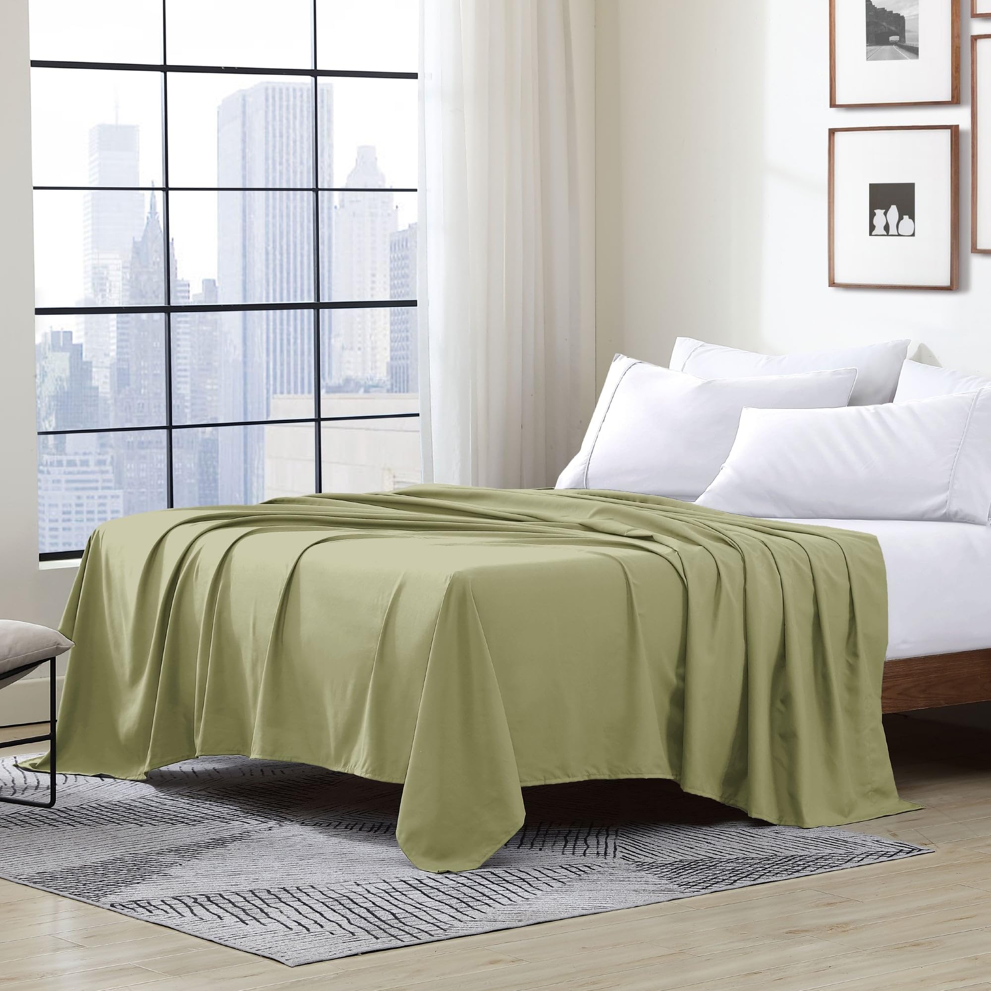 Cathay Luxury Silky Soft Polyester Single Flat Sheet, Full Size, Sage