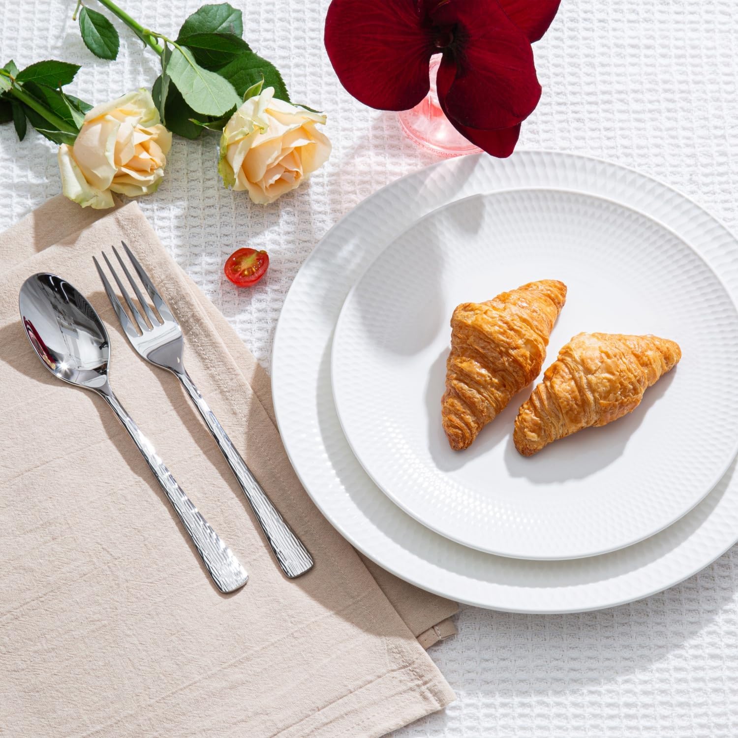 KINGSTONE Hammered Silverware Set, Flatware Set with Serving Utensils, 18/10 Stainless Steel Premium Cutlery with Unique Ripple Handles Design Mirror Polished - Dishwasher Safe (65-Piece)