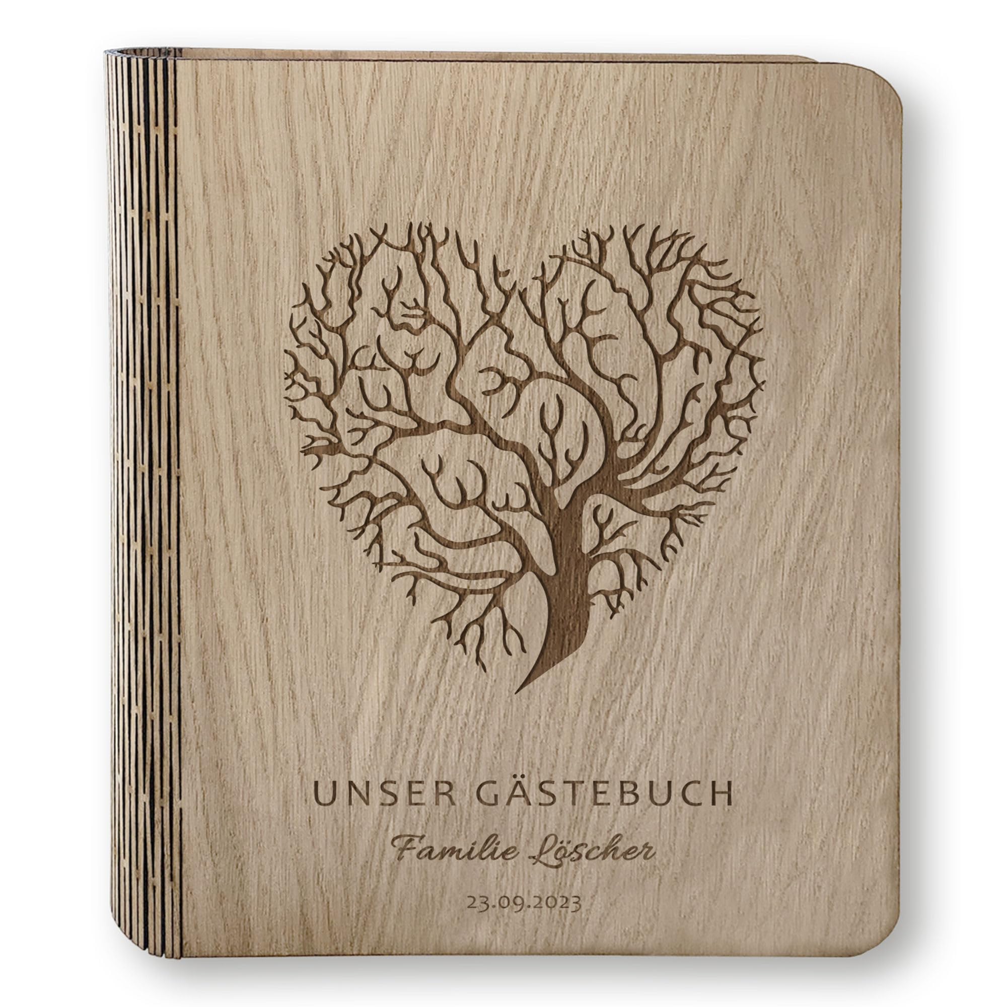 Holz Gästebuch Hochzeit Hertre mit und ohne Fragen ca. 22,5 x 23,5 cm - Hochwertiges Hochzeitsgästebuch Holzbuch Herz Holzgästebuch Stammbaum Herzbaum Handarbeit
