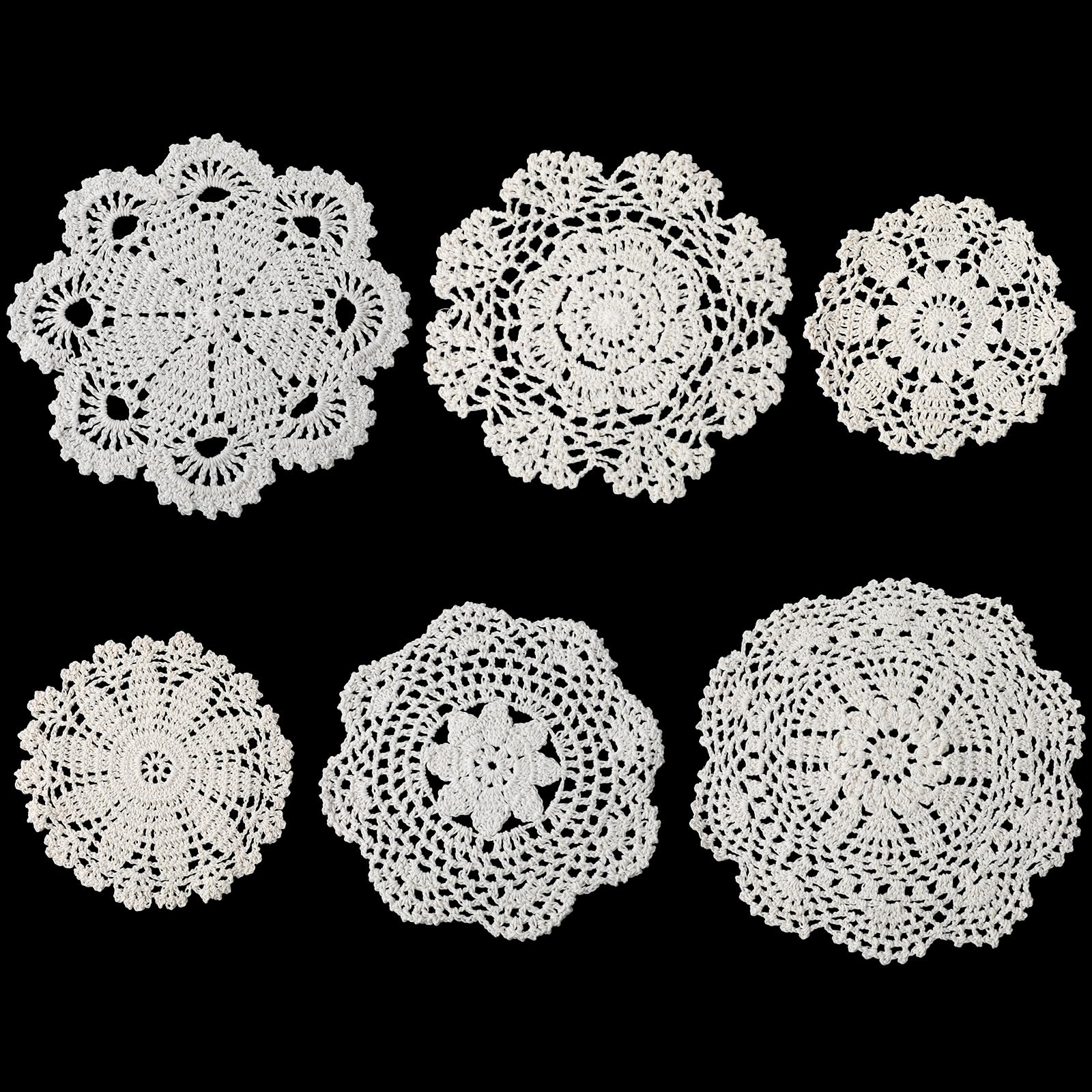 6Pcs Cotton Lace Doilies Vintage Crochet Doilies 6 to 8 Inch Round Cotton Handmade Lace Cloth Fabric Placemats Doilies for Tables Kitchen Dining Room Dessert Coasters Wedding Birthday Party Decoration