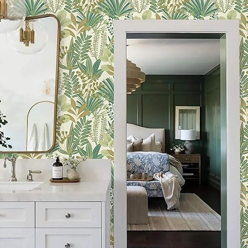 Vista 91 de Ismoon Papel tapiz verde para despegar y pegar, diseño bohemio floral y hojas en papel adhesivo grueso, papel adhesivo botánico oscuro, extraíble