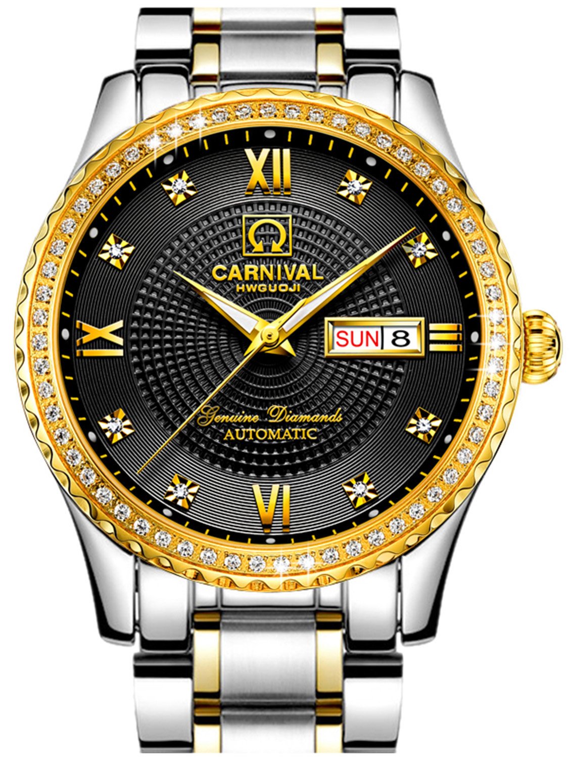 Carnaval para hombre Diamante Dial Automático Oro y Plata Sapphire resistente al agua hombres de acero inoxidable negro reloj