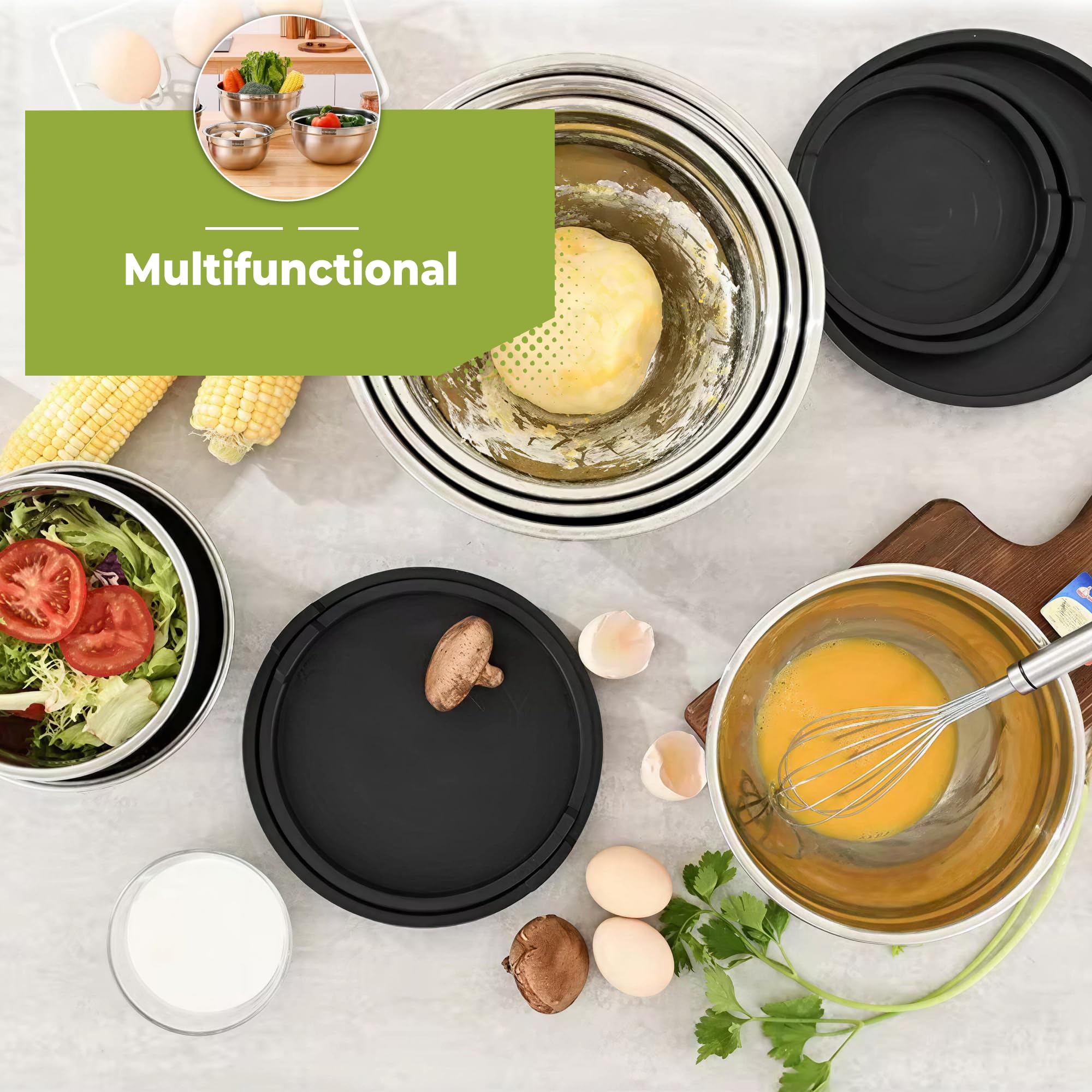 Hi Nature™ Rührschüssel Set mit Deckel Edelstahl – 6-teiliges Edelstahl Rührschüssel Set mit Deckel – Schüsselset rutschfest & stapelbar – Spülmaschinenfest – Schalen 1.4L/1.9L/2.4L/3.2L/5L /6.5L