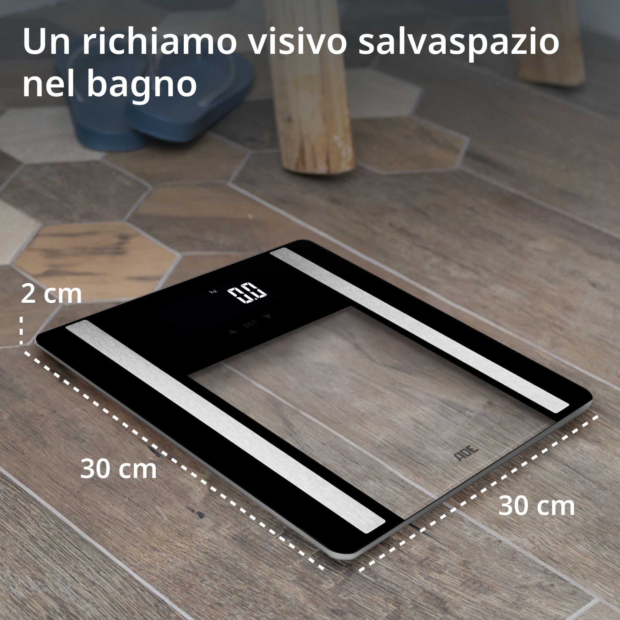 ADE Bilancia pesapersone impedenziometrica | bilancia digitale per grasso corporeo, BMI, massa muscolare, acqua corporea, peso, BMR | capacità di carico elevata di 200 kg | nero