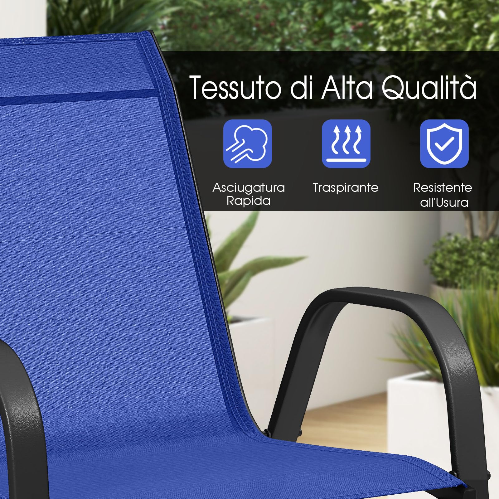 GYMAX Set di 2/4 Sedie da Giardino Impilabili con Tessuto Resistente alle Intemperie, Poltroncine da Esterno in Metallo per Giardino, Cortile, Portata 150 kg, 56 x 70 x 84 cm (Blu, 4 Pezzi)