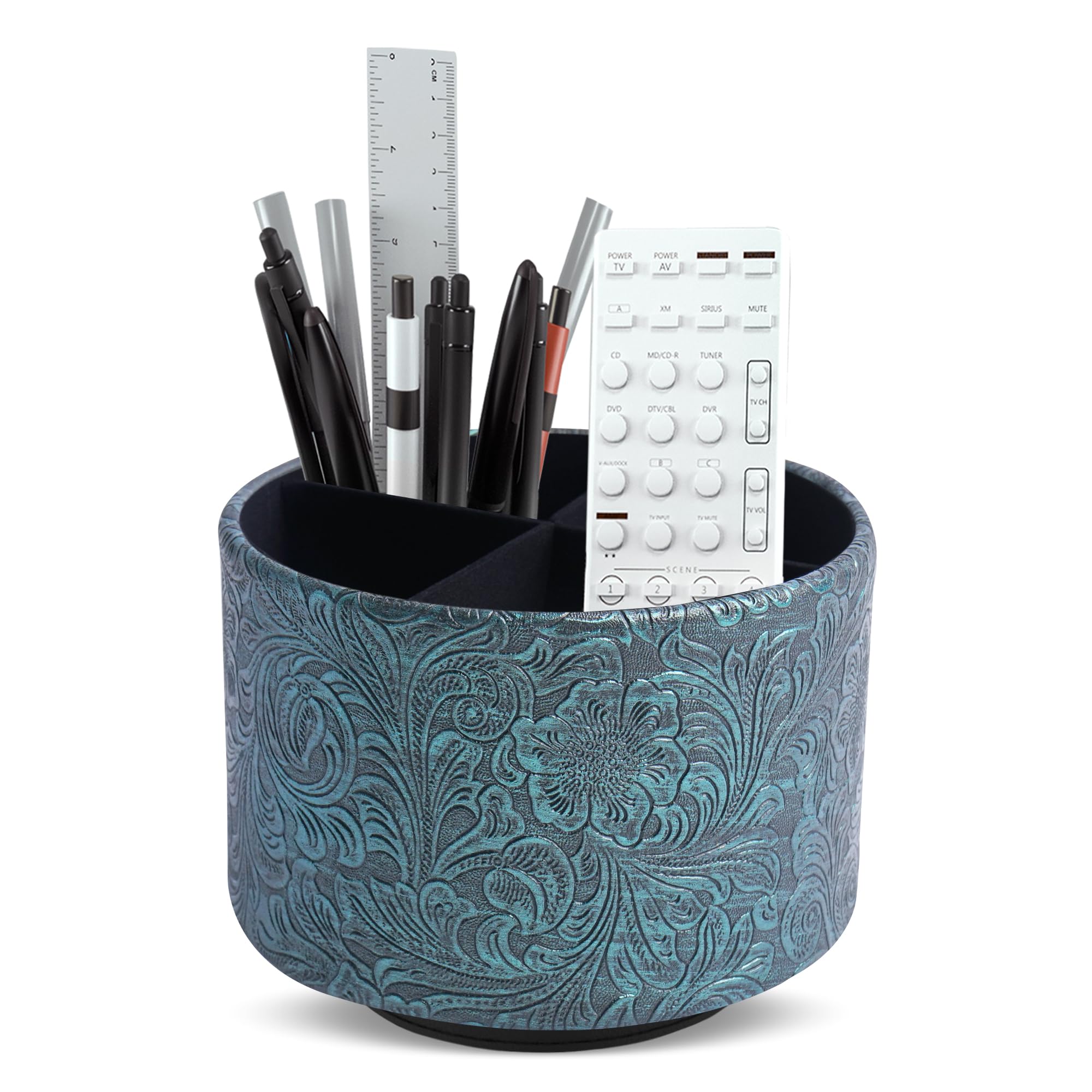 lizimandu Round Leather Art Supply Organizer,Remote Control Holder,360 Degree Spinning,Multi-Functional Pencil Holder,4 Compartments Desktop Stationary Organizer(1-Carved Metal Green3)