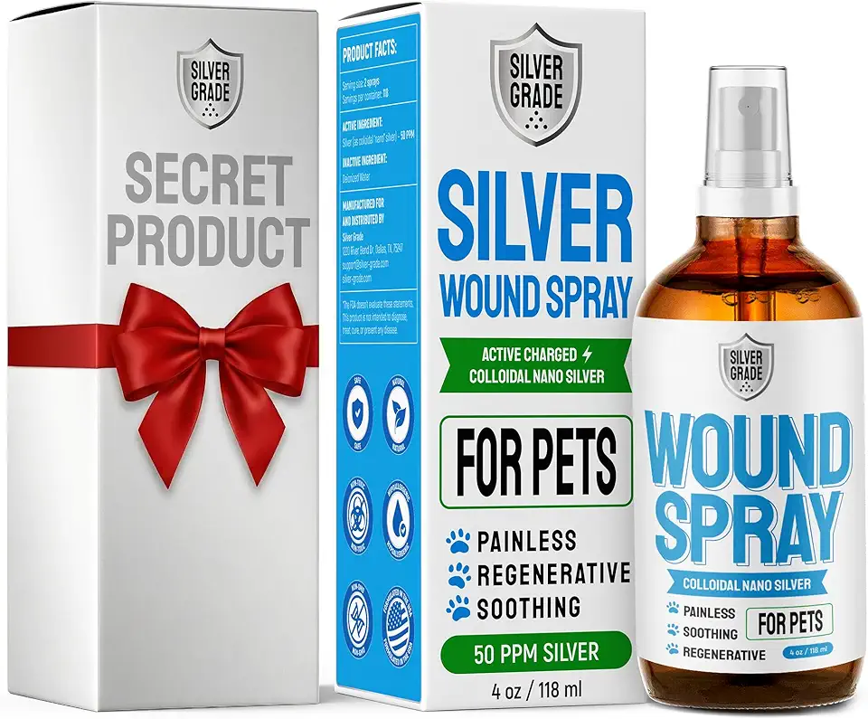 SILVER GRADE Dog Wound Spray for Pets – Colloidal Silver Wound & Skin Care for Dogs & Cats + Secret Product in a Set – Help with Rashes, Hot Spots, Itches, Scratches, Skin Irritations, Bites & Burns