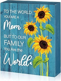 Shellwei Christmas Mom Gift To The World You Are a Mom But to Our Family You Are The World Wood Plaque Sign Mother's Day Gifts Sunflower Wooden Mother Signs Xmas Gifts from Son Daughter