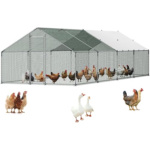 VEVOR Large Metal Chicken Coop with Run, 9.8x26.5x6.5 ft Walk-in Chicken Runs for Yard with Cover, Spire Roof Hen House with Security Lock for Outdoor and Backyard, Farm, Duck Rabbit Cage Poultry Pen