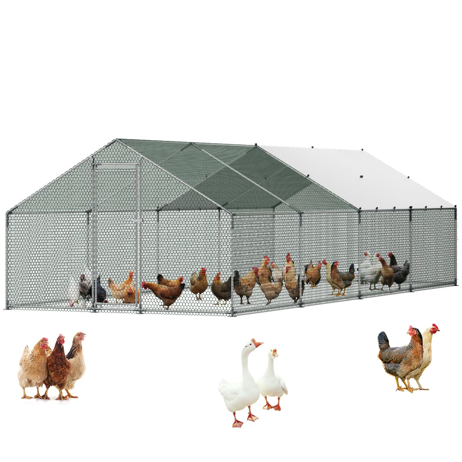 vevor large metal chicken coop with run, 9.8x26.5x6.5 ft walk-in chicken runs for yard with cover, spire roof hen house with security lock for outdoor and backyard, farm, duck rabbit cage poultry pen (box 2 only)
