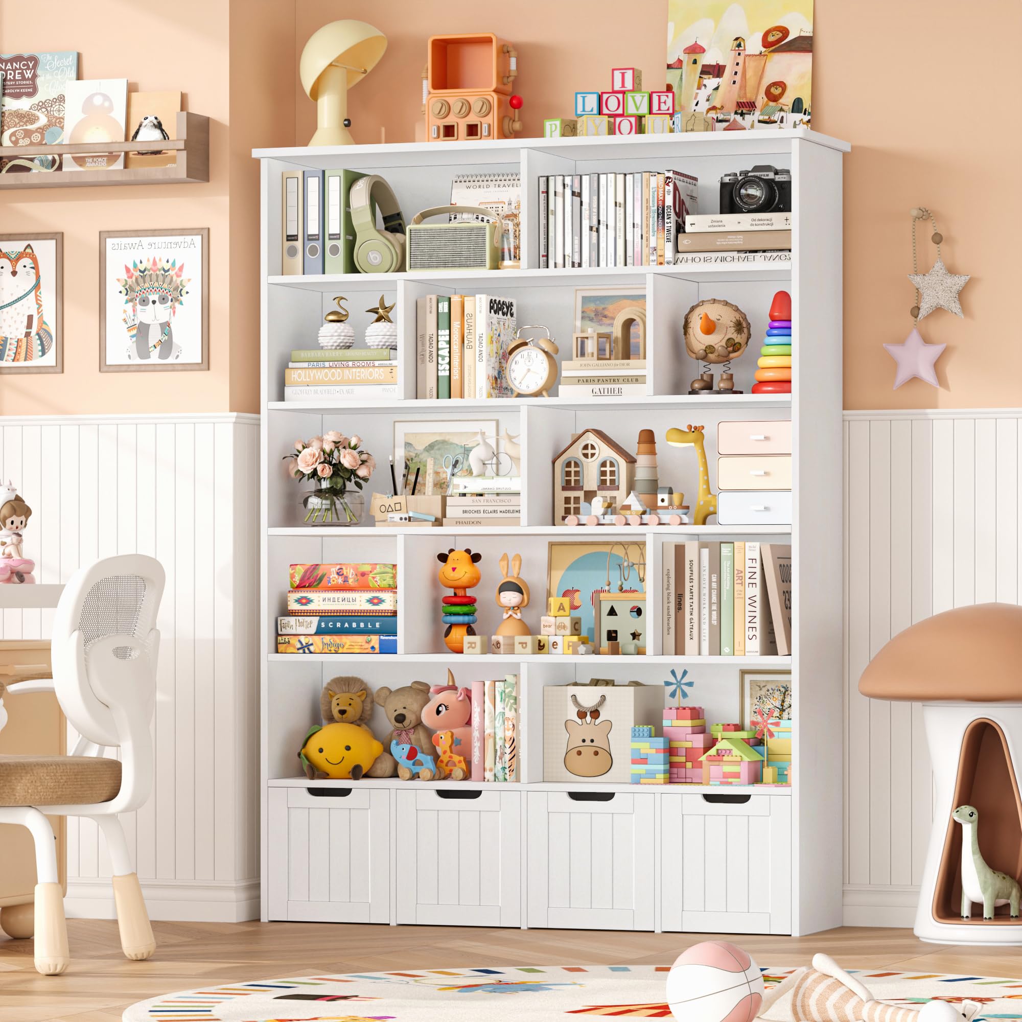 FOREHILL Meuble de Rangement Enfant Bibliothèque Enfant avec 13 Étagères 4 Tiroirs Roulants Rangement Jouet pour Chambre d’Enfant Salle de Jeu 125.5x33x175cm Blanc