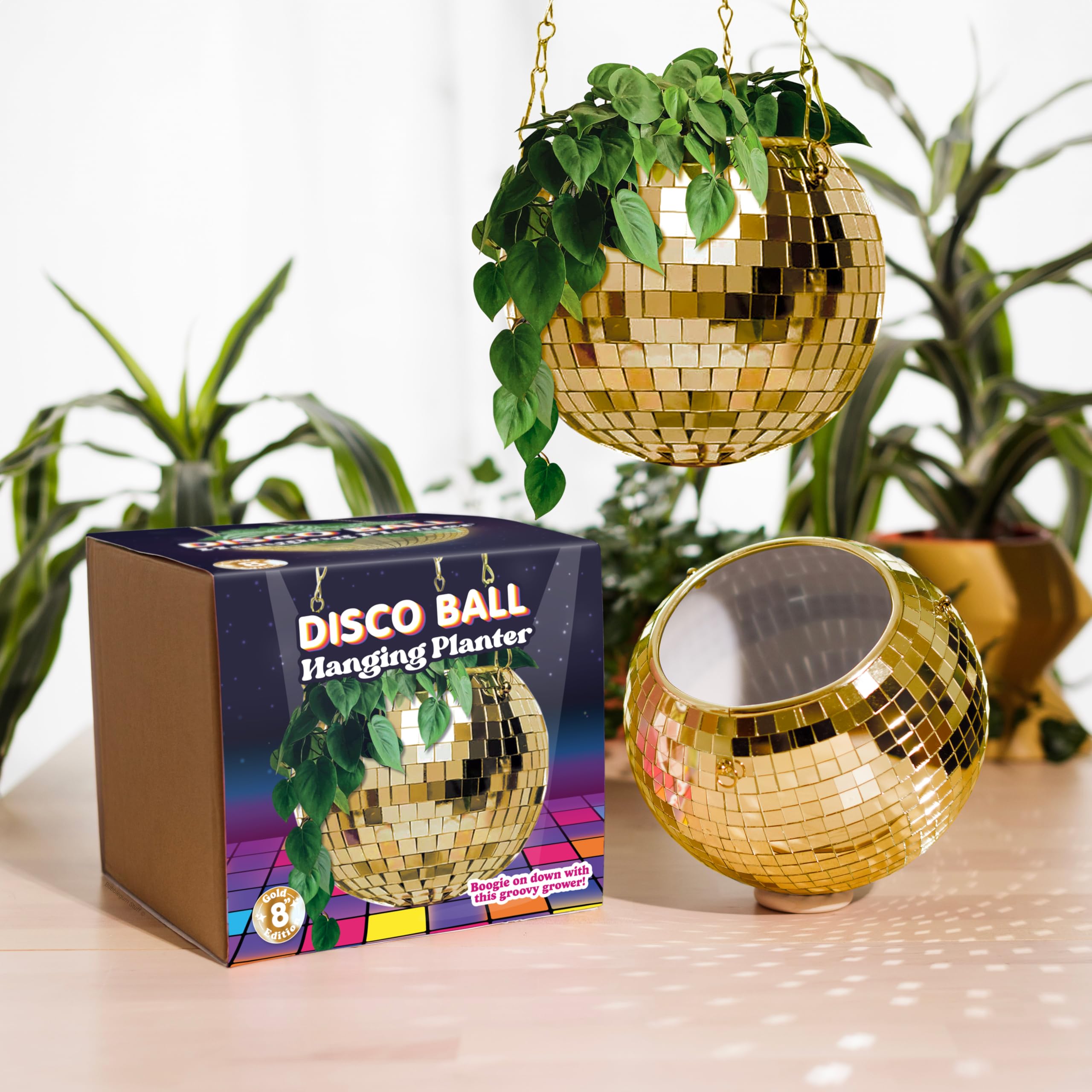 Bubblegum Stuff - Gold Disco Ball Hanging Planter - Hanging Basket For Indoor Plants, Gold Chain & Rim, Herb Planter, Boho Room Decor 8 inch