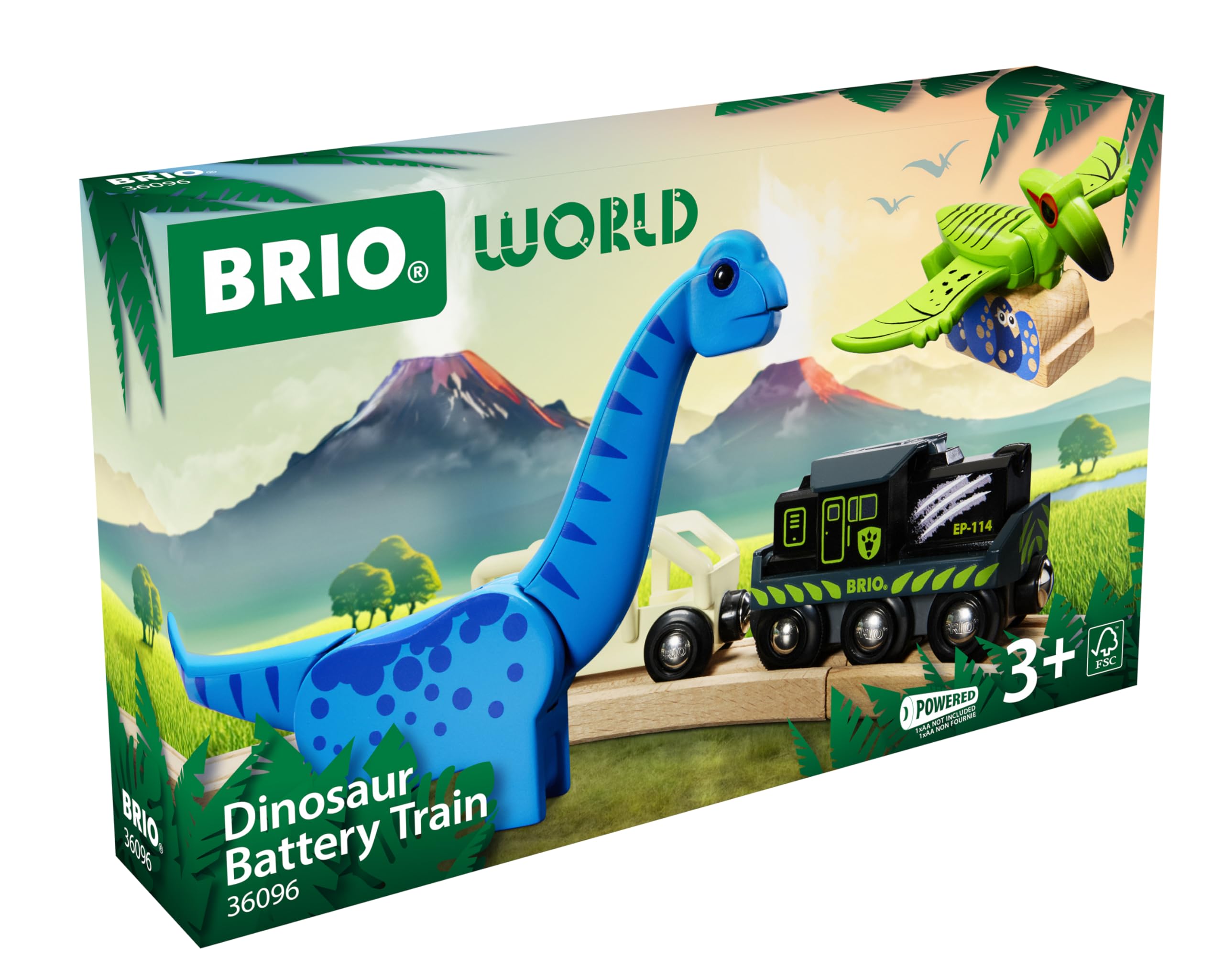 BRIO - Tren de Dinosaurios a Pilas, Tren Juguete eléctrico, Madera, Juguetes niños 3 años, Compatible con Otros Sets, Set de construcción 4 Piezas