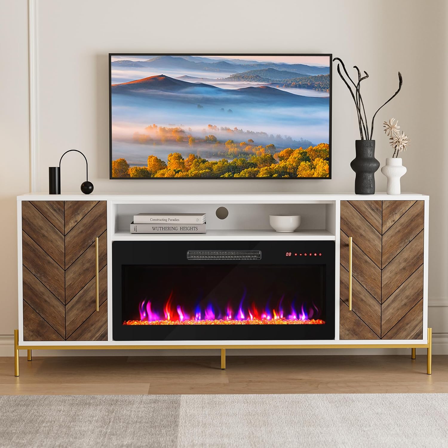 BELLEZE 68" Wood TV Stand with 36" Electric Fireplace, Entertainment Center with Storage Cabinet, Console Table for TVs up to 75 Inches, for Living Room, Bedroom - Harper (White Ebony)