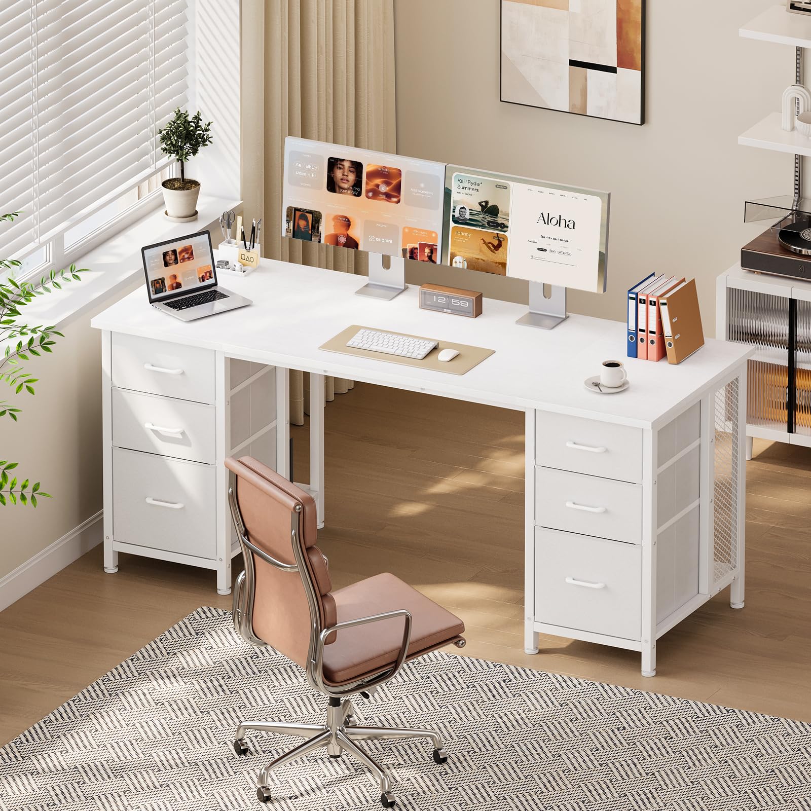Coleshome Scrivania con 6 Cassetti, 160x52 cm Scrivania Salvaspazio, Scrivanie Ufficio con Ripiani per l'Ufficio di Casa, Bianca