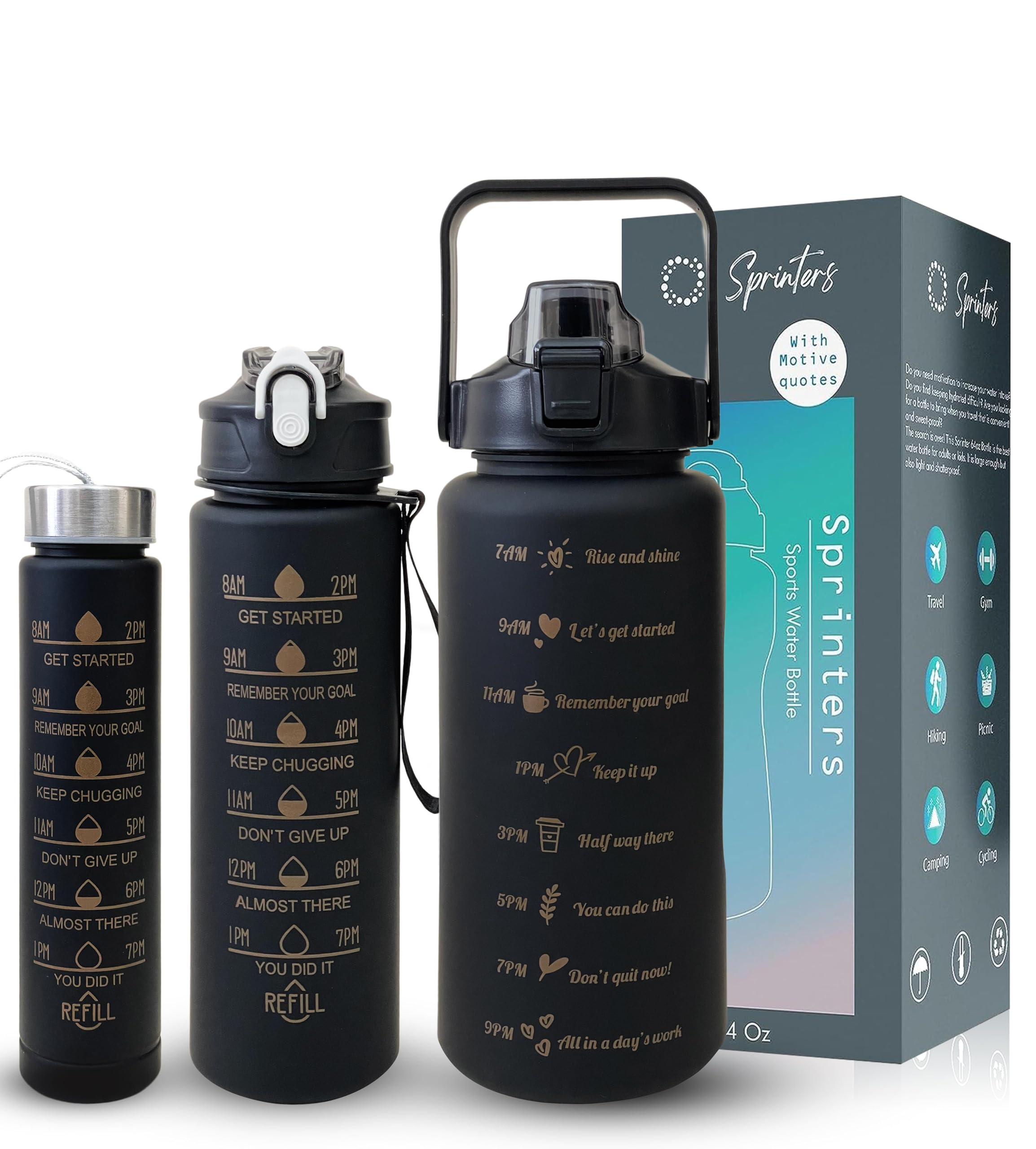 SPRINTERS - Large 2 Liters Water Bottle 64Oz BPA Free, Multicolor - Leak Proof With Straw, Motivational Quote And Time Marker, Anti Slip For Sport,Fitness, Gym, Picnic Outdoor( ))