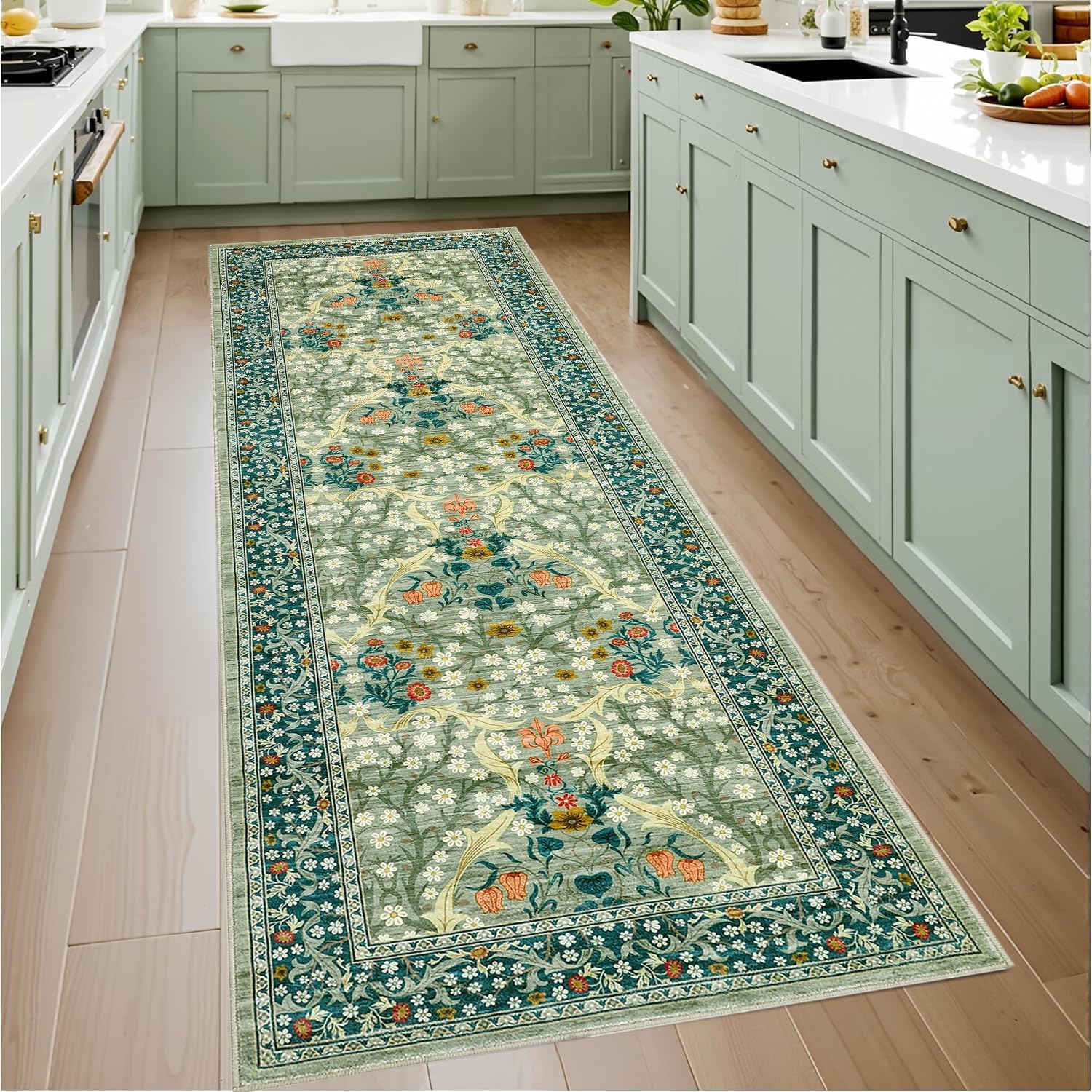 Kitchen 60x180cm Runner Rug Floral Washable for Hallways Spring Green