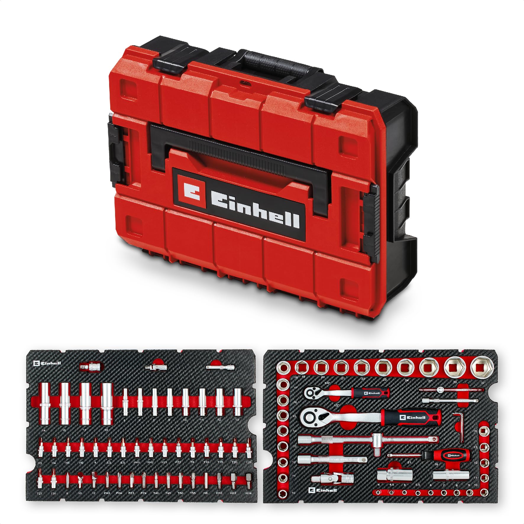 Original Einhell Workshop Tool Case E-Case 92 pcs (Equipment Set, Car Sockets, Bit Kit, Ratchets, Socket Set, Storage Case)