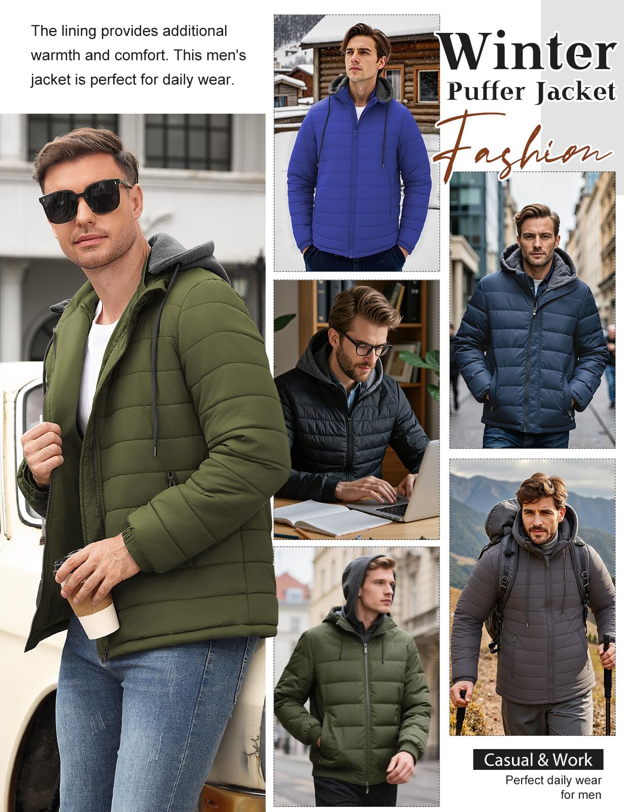 Xnova Chaqueta Acolchada Hombre Invierno Ligera Impermeable Cazadoras Entretiempo con Cremallera Chaquetas Softshell de Plumas Plumiferos Sudadera con Capucha Desmontable