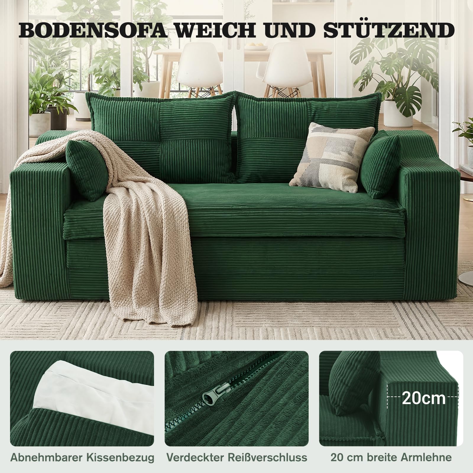 APICIZON Schlafsofa, 2-in-1 Boneless Couch, Bodensofa mit Kissen, 3 Sitzer Sofa Bed mit Schlaffunktion, Klappbare Matratze für Wohnzimmer, Schlafzimmer, Gästezimmer (Cord-Grün, 177 cm Breit)