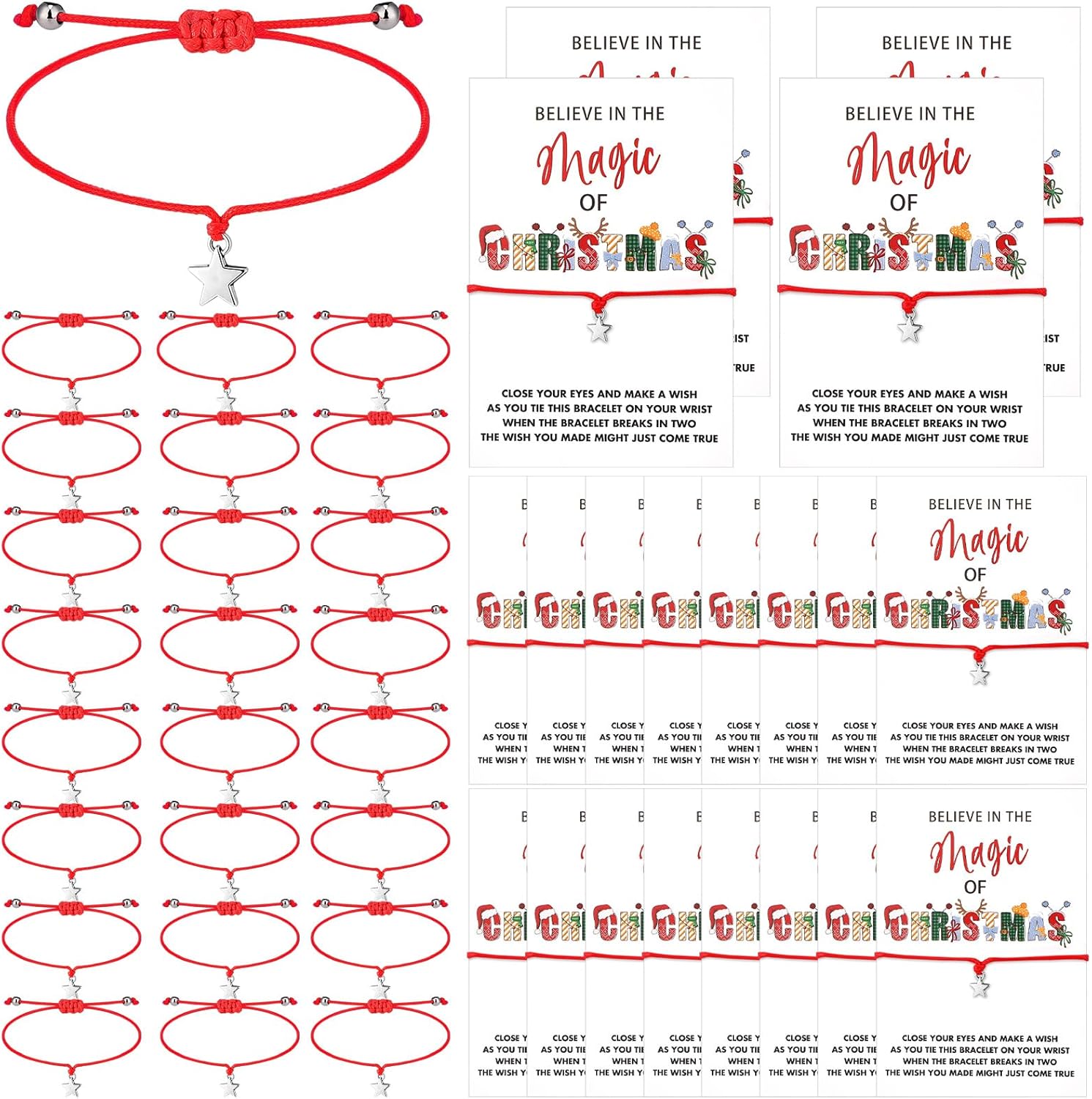 Quelay 24 Set Christmas Believe Wish Bracelets Bulk Adjustable Christmas Bracelet with Wish Card Xmas Star Braided Friendship Holiday Jewelry Gift for Xmas Classroom Party Supplies Friend Guests Gift