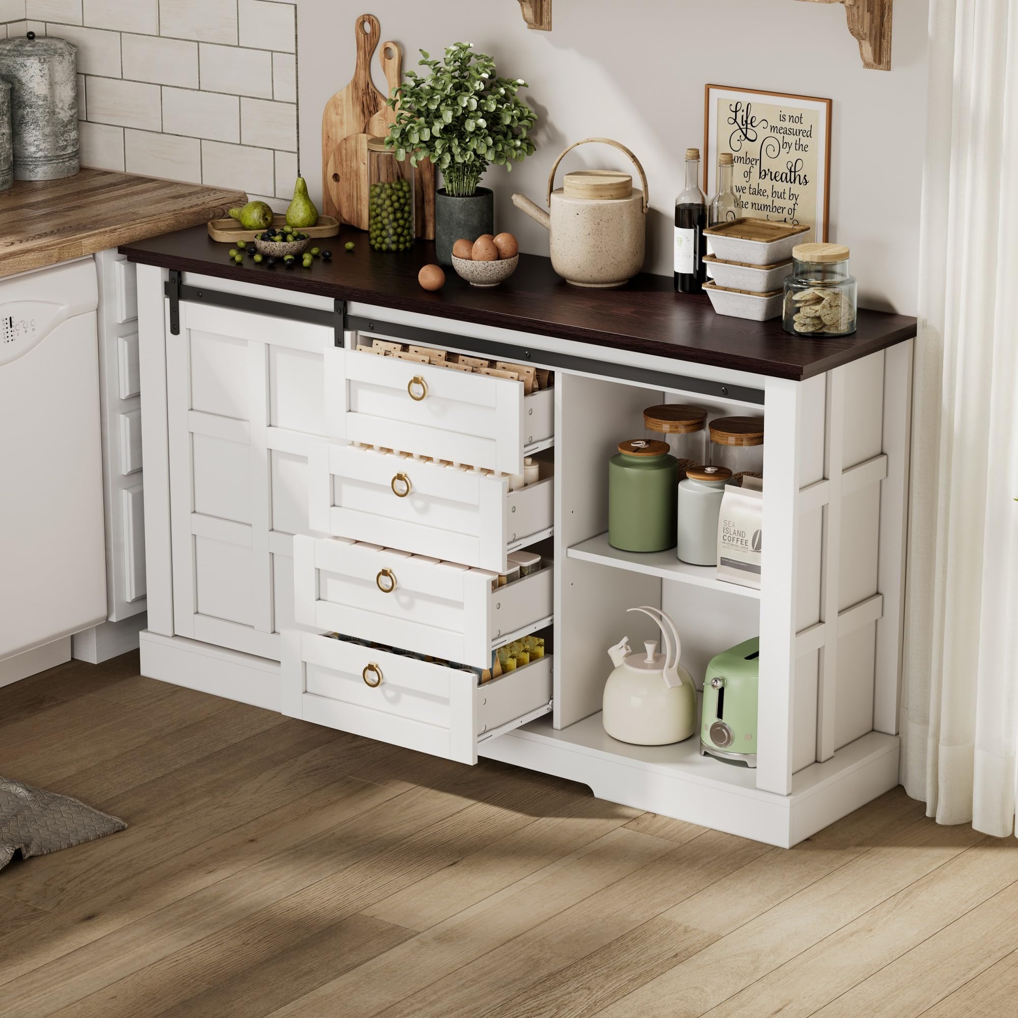 BTM Sideboard mit Stauraum und Schiebetüren Küchenschrank Kommode Landhausstil Sideboard Wohnzimmer Buffetschrank Weiß