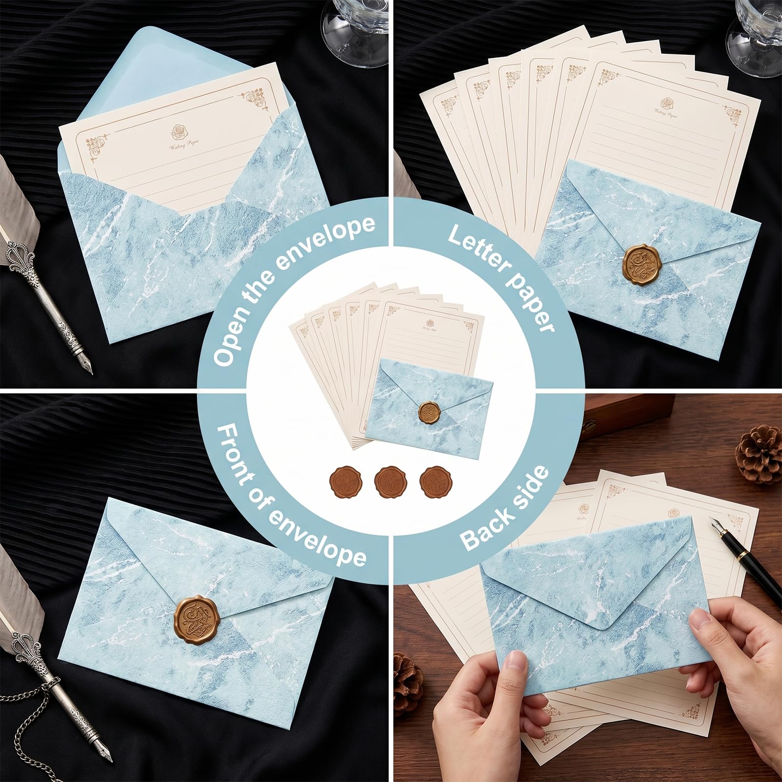 Ensemble de Papeterie Vintage avec Papier à Lettre, Enveloppes, et Autocollants Sceau de Cire