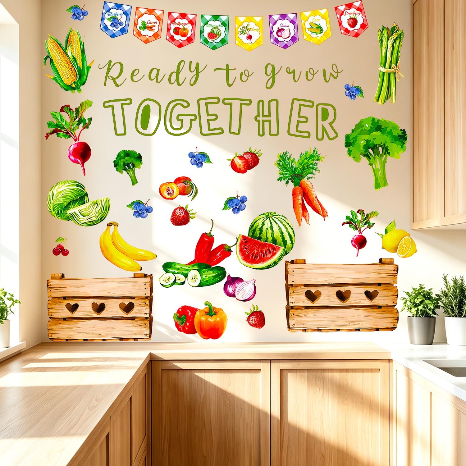 Garden Veggie Fruit Vegetable Ready to Grow Together Wall Decals Peel Stick | Vibrant farm renter-friendly removable vinyl decor art mural stickers for kitchen, preschool classroom, playroom decoration