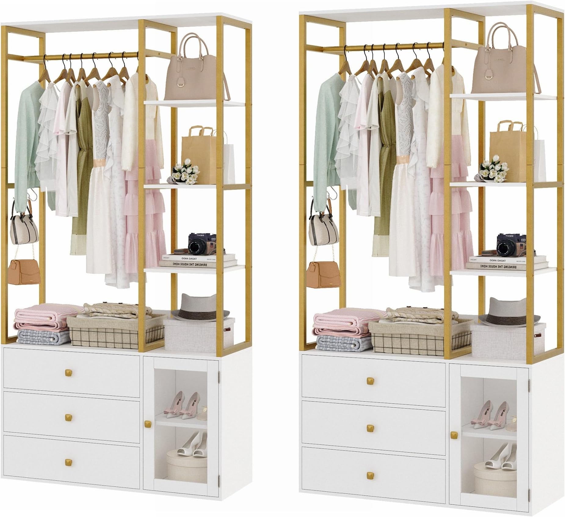 BOTLOG 2pcs Closet Organizer System, Wardrobe Closet with 3 Wooden Drawers, Clothes Rack with Hanging Rods and 4 Tiers Shelves, Garment Rack with Metal Frame, White and Gold