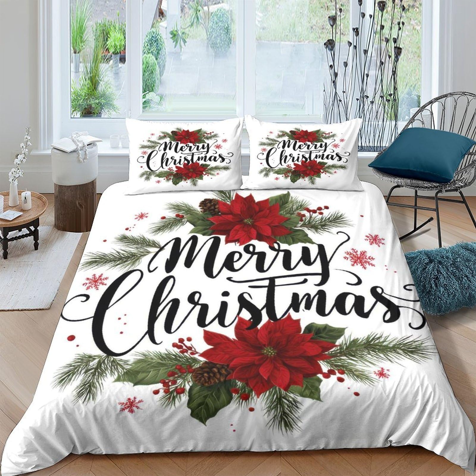 Ctjqhvkz Style-1 3D Printed Christmas Poinsettia Fitted Sheet Microfiber Flower Bed Cover For Bedroom Guest Room Holiday Decor Single（135X200cm）