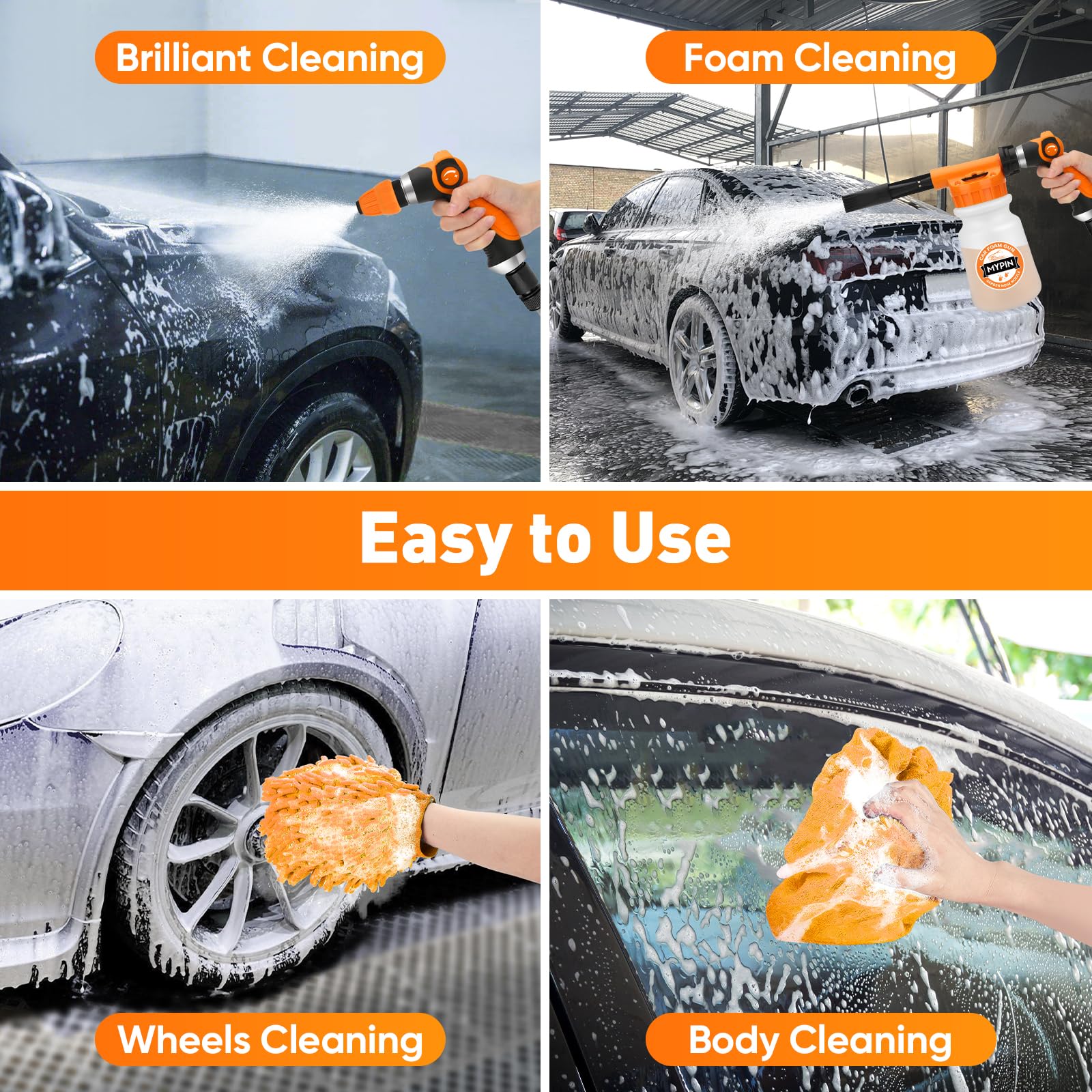 Lanza de Espuma de Nieve,1000 ml Pistola de Espuma Coche Cañón Espuma Nieve con 2,5 a 6 Barras Espuma Blaster, boquillas,manopla de lavado,toalla para limpieza de automóviles y casas,jardines(naranja)