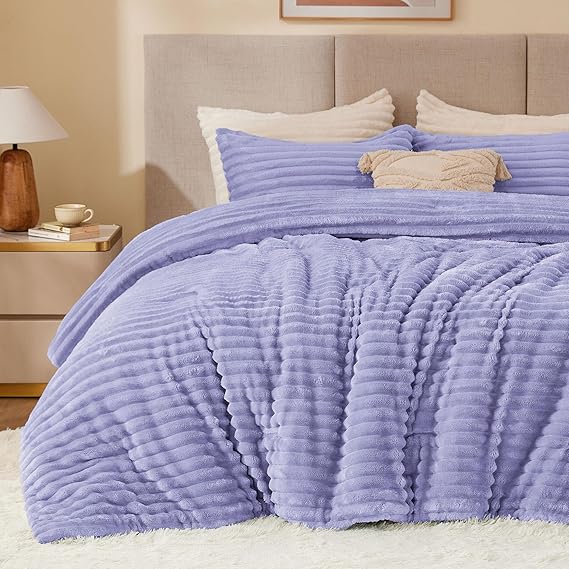 BEDELITE Fleece King Comforter Set -Super Soft & Warm Fluffy Lavender Bedding, Luxury Fuzzy Heavy Bed Set for Winter with 2 Pillow Cases